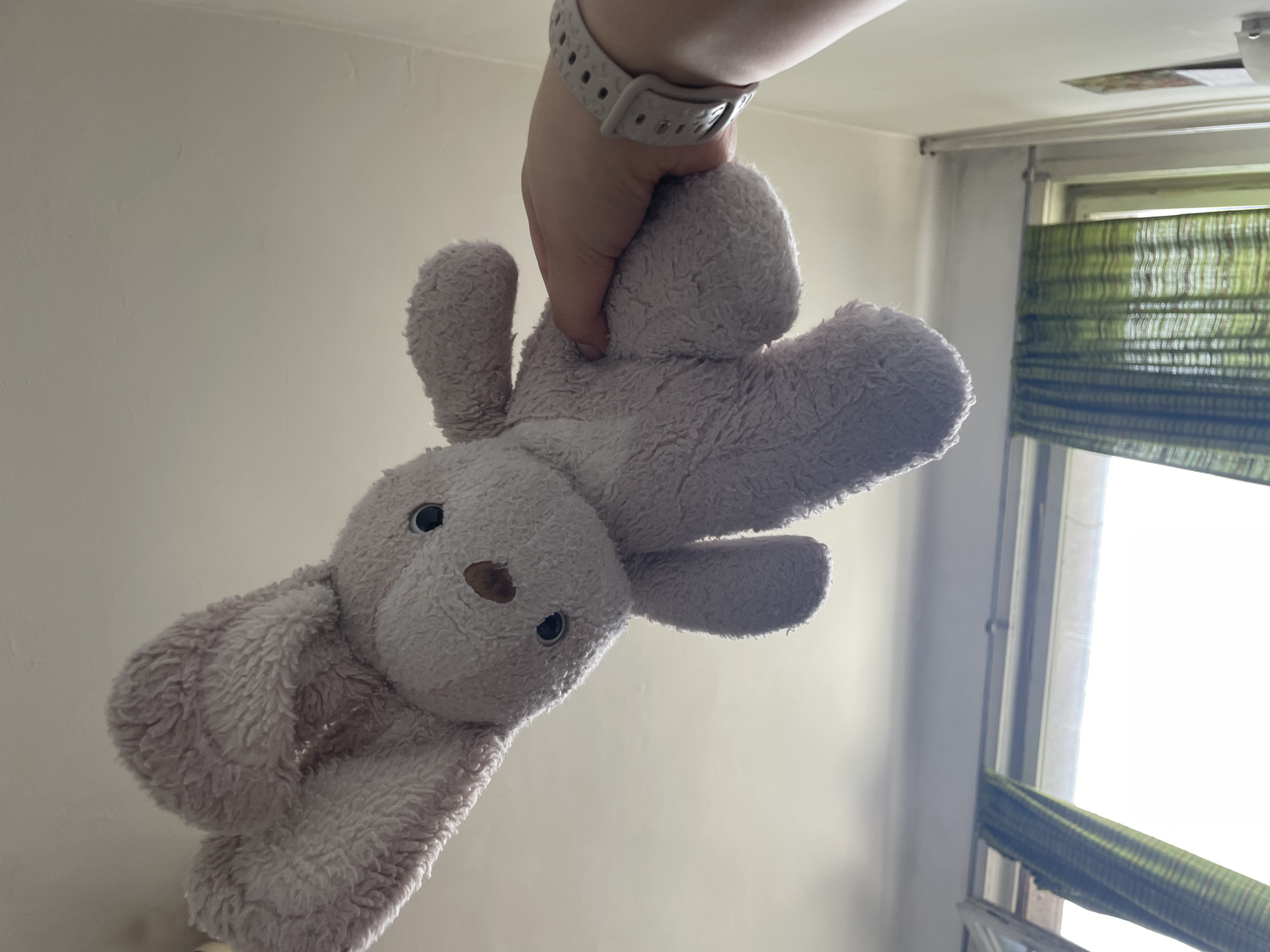 A person wearing a light gray watch is holding a stuffed bunny toy by the head. The bunny is light pink or gray with black eyes and a brown nose. In the background is a wall and a window with a green patterned curtain. The location appears to be indoors. No specific information indicates a location in Plovdiv, Bulgaria.