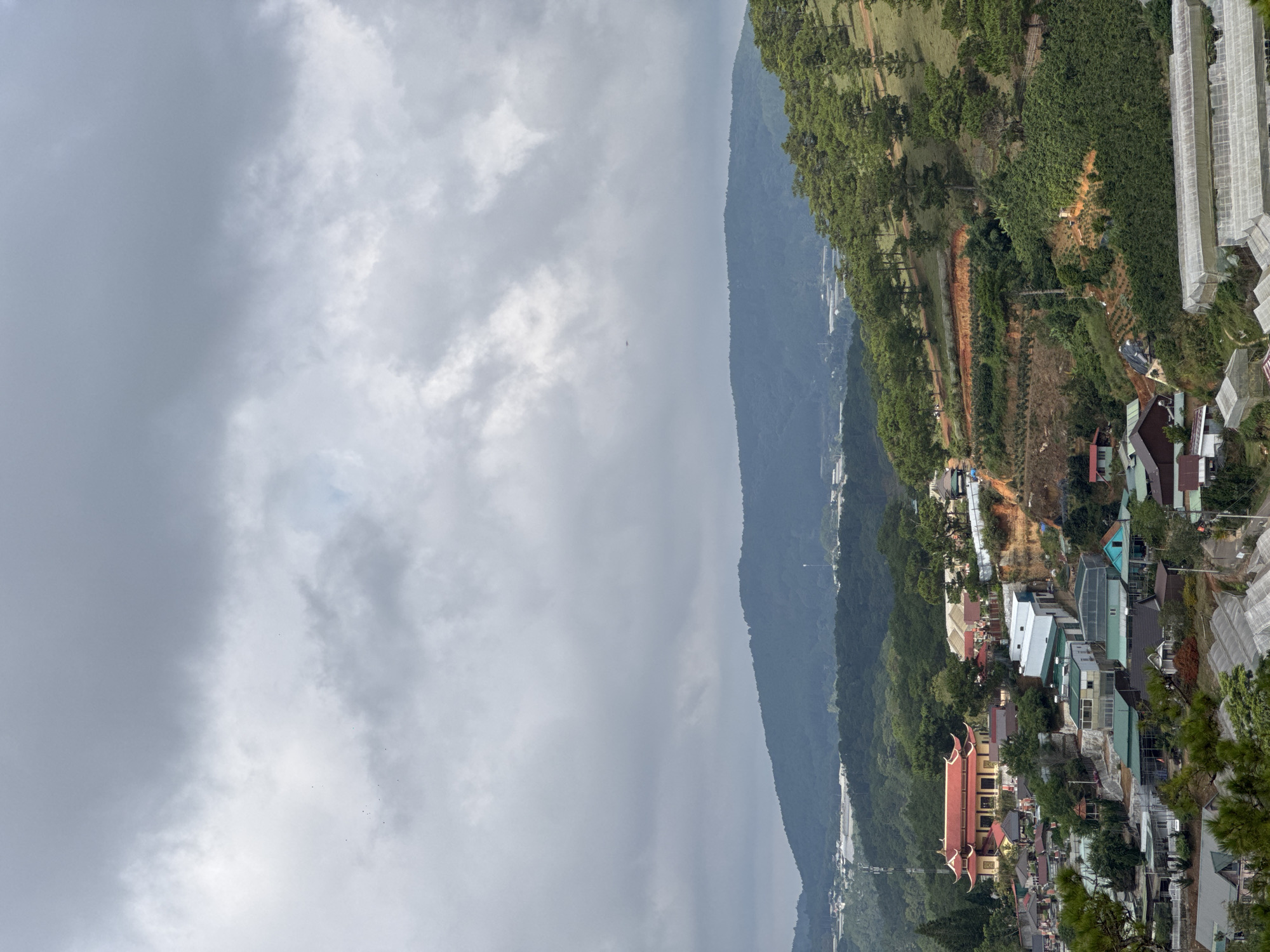The image shows a partial view of Lạc Dương, Vietnam. The foreground features residential buildings, a mix of houses and multi-story structures with varying roof colors (red, blue, grey). A distinct, long, red-roofed building with traditional Asian architectural elements is prominent. Lush greenery and trees are interspersed among the buildings. In the middle ground, a densely forested mountain range stretches vertically, shrouded in mist or low-hanging clouds. The background is dominated by a grey, overcast sky. The image is rotated 90 degrees counter-clockwise.