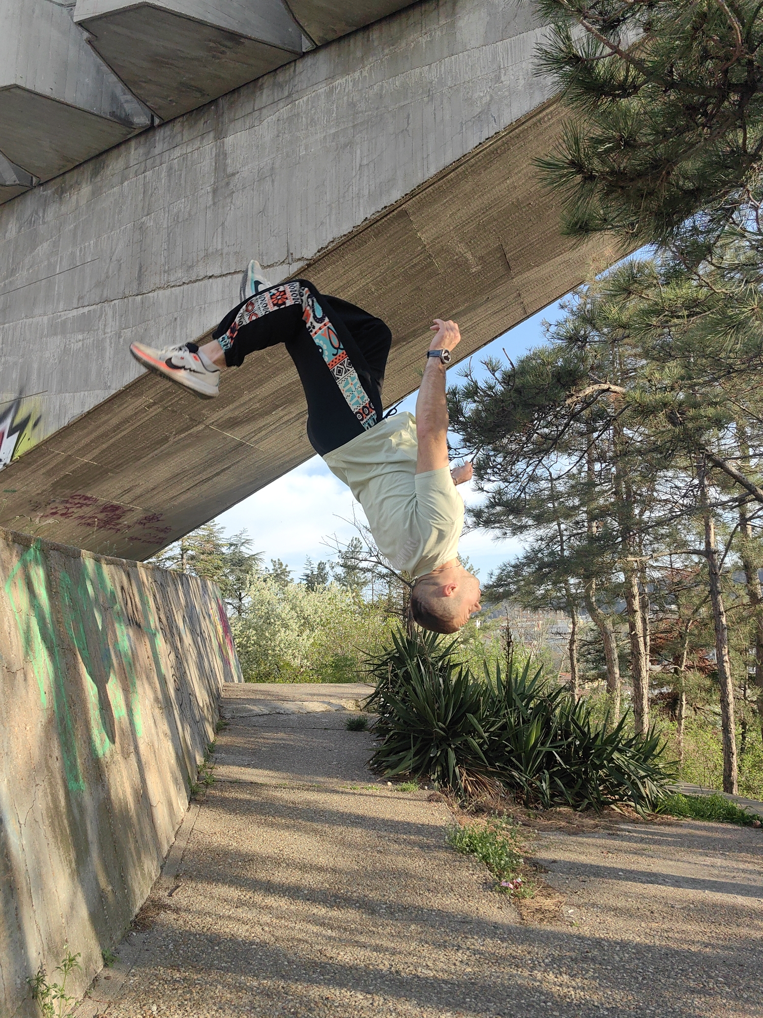 An outdoor shot captures a man performing an acrobatic or parkour move, suspended upside down from the underside of a large concrete overpass or bridge. He is positioned horizontally, with his head pointing towards the ground and his feet angled upwards, suggesting a dynamic mid-air maneuver or a held pose.
The man is dressed in a light green t-shirt, black athletic pants with striking, multi-colored geometric patterns on the side stripes, and light-colored athletic shoes featuring bright orange and black accents. A dark wristwatch is visible on his left wrist. His expression appears focused as he looks downwards.
The setting presents a blend of urban and natural elements. Above the man, the textured grey concrete structure, possibly part of a bridge or overpass, dominates the upper frame, showcasing its robust construction. Below, a sloping concrete retaining wall, adorned with illegible green and pink graffiti, borders a gravel or dirt path. Long shadows stretch across the path, indicating either early morning or late afternoon light under a clear, sunny sky. To the right, a cluster of tall pine trees and a dense, spiky green bush (resembling a yucca) add natural contrast to the concrete. In the background, more deciduous trees and a hint of a distant landscape complete the scene. No discernible text is clearly visible other than the stylized graffiti.
