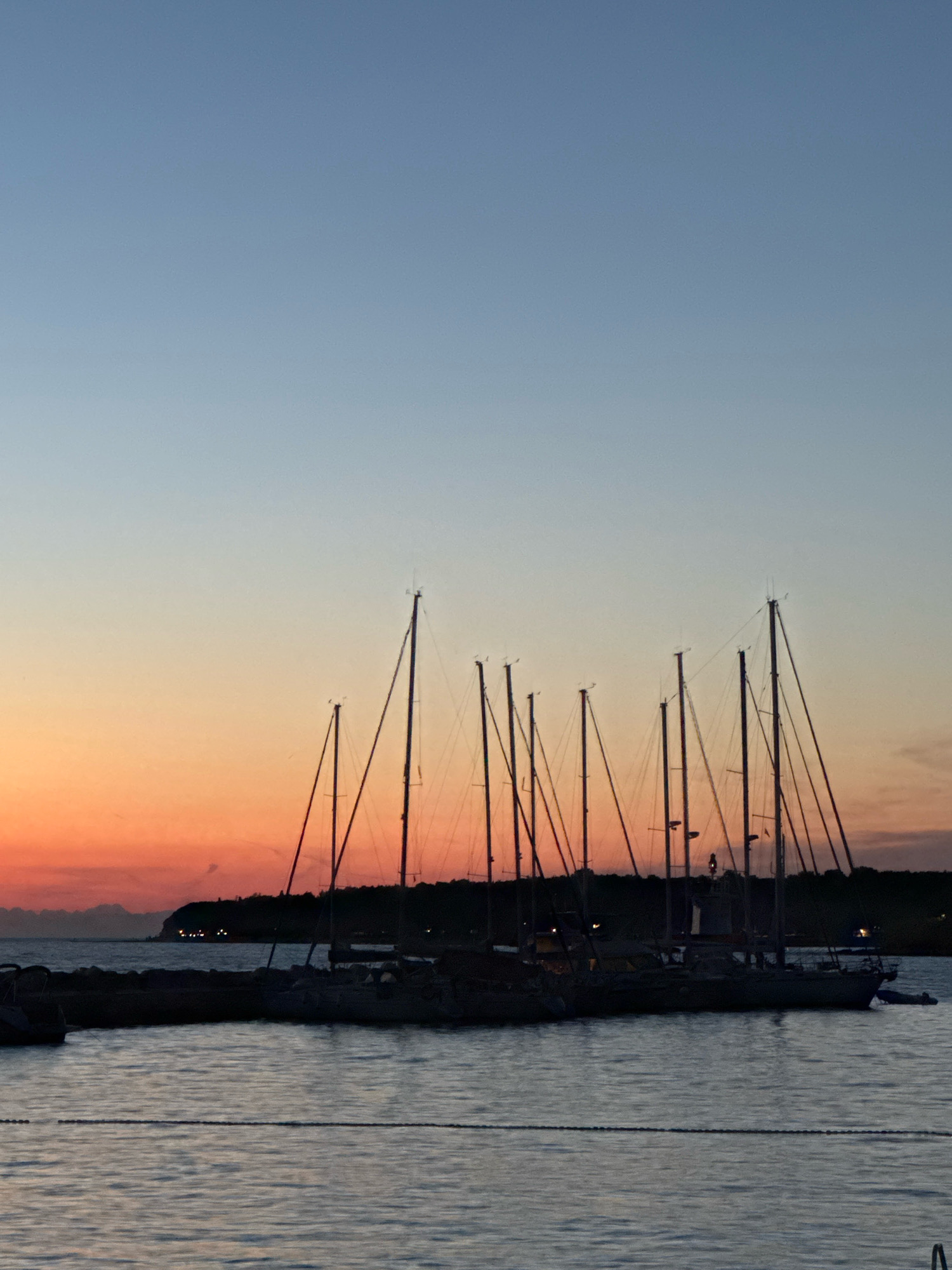 The image depicts a harbor at dusk in Novigrad, Croatia. Silhouettes of several sailboats are visible, their masts reaching towards a sky transitioning from a warm orange at the horizon to a pale blue at the top. The water in the foreground is calm, reflecting the dusky sky. In the background, a dark treeline borders the coastline, with a few lights visible on the shore, suggesting the presence of buildings or a settlement. The overall scene evokes a peaceful, twilight atmosphere.