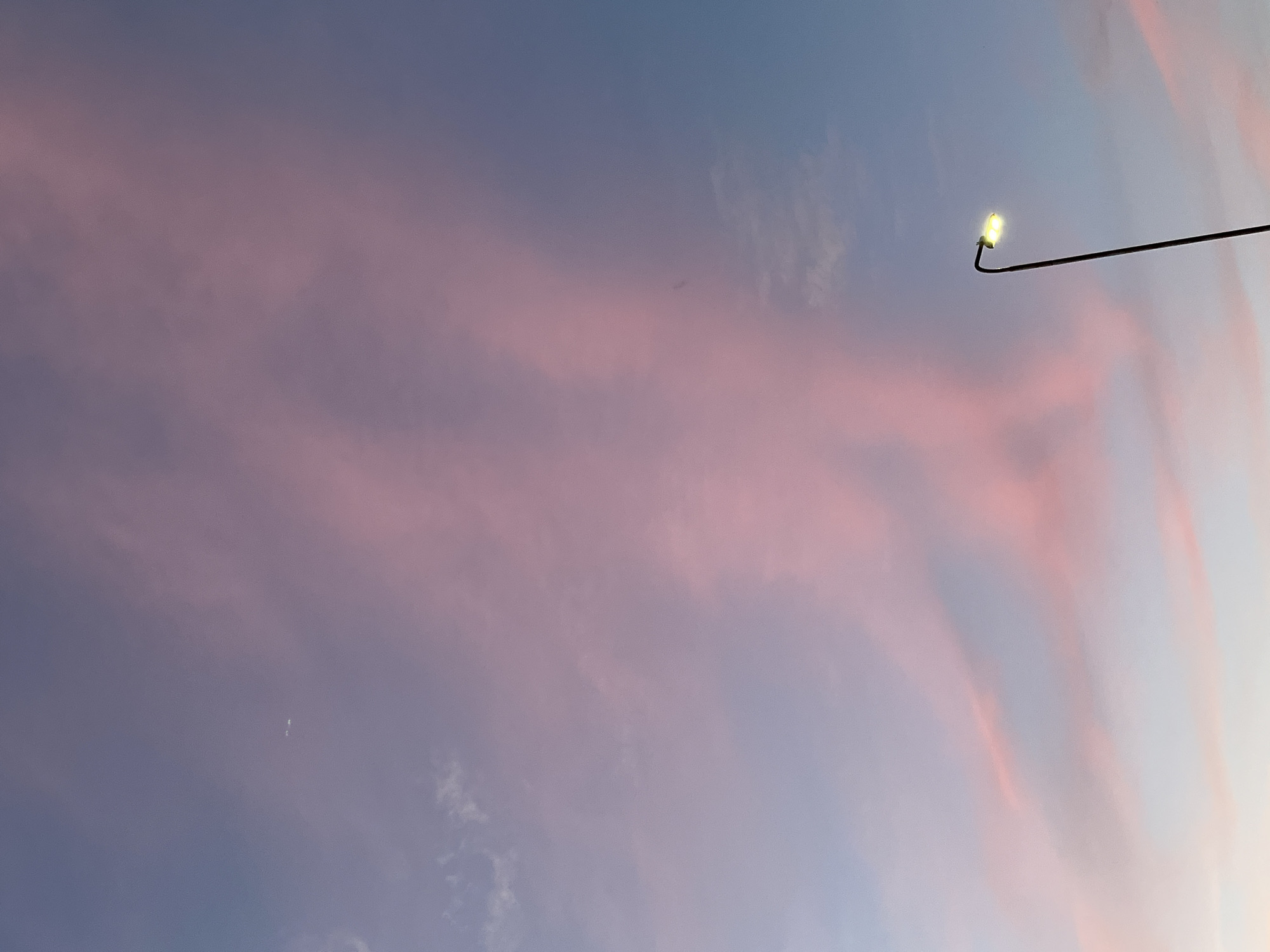 The image depicts a street lamp against a twilight sky filled with streaks of pink and purple clouds. The sky transitions from a soft blue at the top to lighter hues near the horizon. The street lamp is dark and slender, topped with a lit bulb casting a yellow glow. There are no people visible in the image. The scene is devoid of any specific landmarks or identifiable features that would suggest a location within the city of Saint Petersburg, Russia. The overall impression is one of a serene, natural phenomenon of a sunset or sunrise, with an artificial light source present.