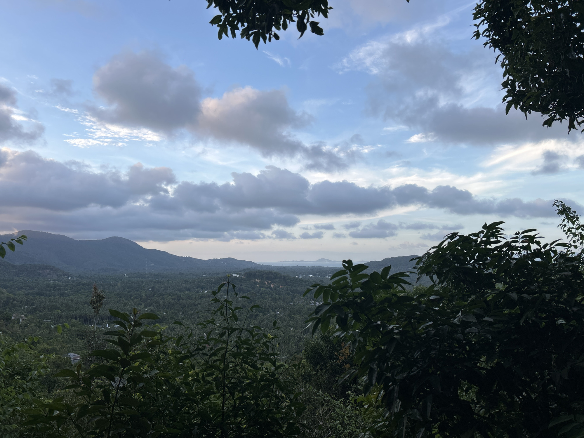 The image depicts a landscape view in ตำบลเกาะพะงัน, Thailand. Lush, green vegetation fills the foreground and middle ground. In the distance, rolling hills are visible, topped with a cloudy sky. The overall scene presents a natural, scenic view.