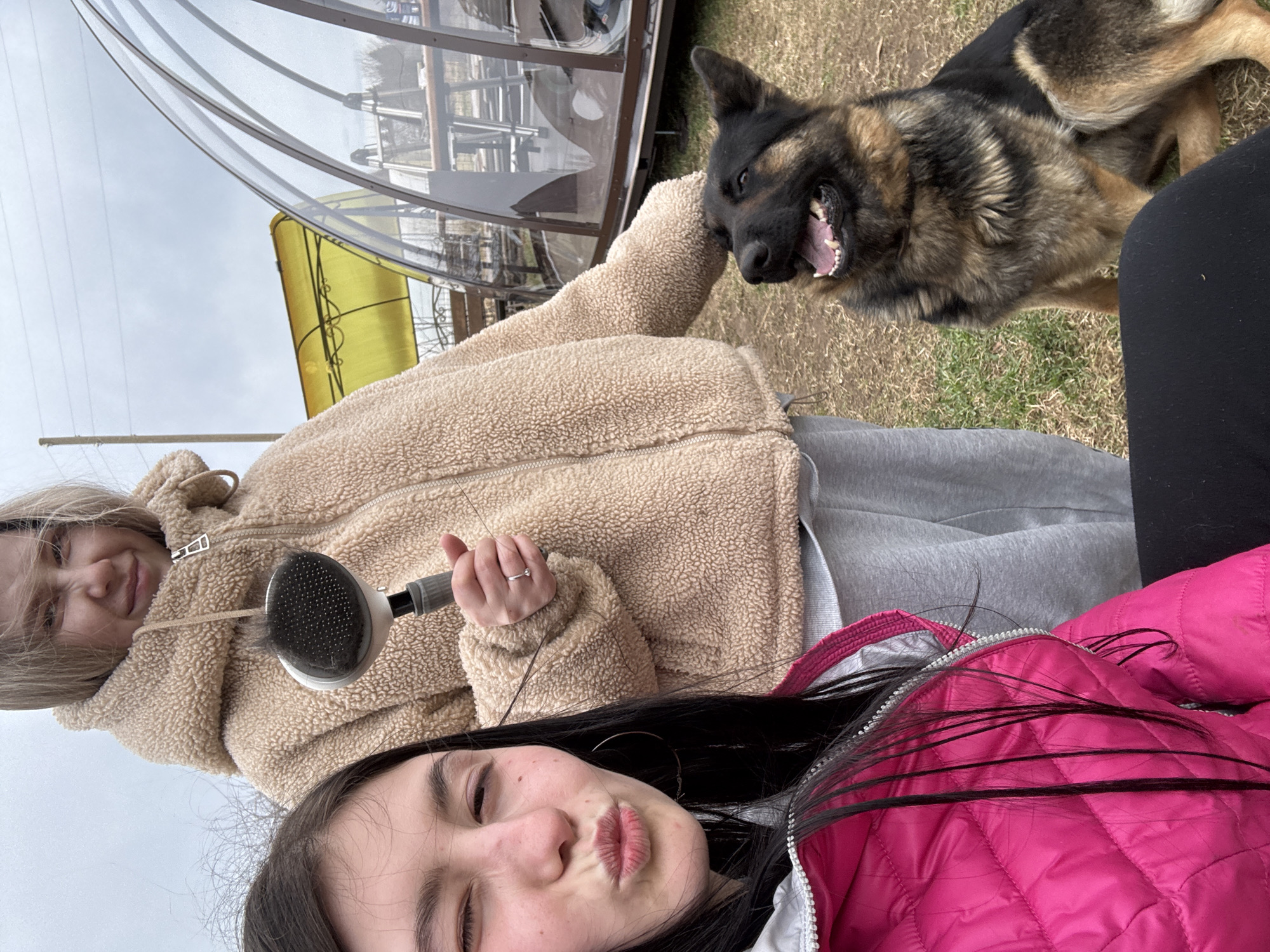 The image presents a casual outdoor scene featuring two young women and a German Shepherd dog in Zhigalki, Russia. The photograph is taken from a low, close-up perspective, possibly a selfie.
In the foreground, a young woman with long dark hair is making a playful "duck face" or kissy face towards the camera. She is wearing a bright pink puffer jacket. Slightly behind her and to the left, another young woman with blonde hair is visible, smiling gently. She is dressed in a beige, textured teddy coat and gray sweatpants. She holds a hairbrush, which has a substantial amount of dark hair collected on its bristles, indicating recent use. A ring is visible on her right hand.
To the right of the women, a German Shepherd dog stands with its mouth wide open, displaying its teeth and tongue, suggesting it is panting or engaged in playful interaction. The background reveals an overcast sky and a translucent, curved structure, likely a greenhouse or a garden pavilion, with some yellow details visible beneath it. The ground is covered with sparse grass. The overall atmosphere appears relaxed and cheerful, set during the daytime under cloudy conditions. No visible text is present in the image.