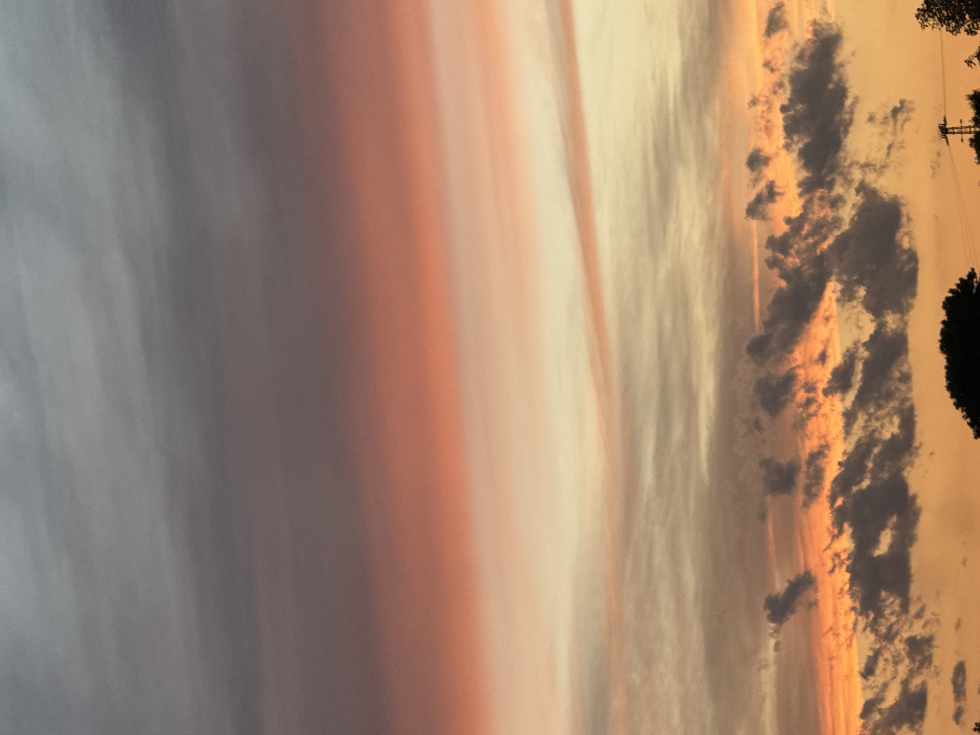 This is a vertical, eye-level, outdoor, full shot of a sunset sky. The sky is filled with clouds in various shades of gray, pink, orange, and yellow. The clouds are layered horizontally, with darker gray clouds at the top transitioning to lighter grays, then pinks, and finally oranges and yellows near the bottom. There are some wispy clouds in the lower portion of the image, tinged with orange from the setting sun. In the very bottom of the image, the silhouettes of trees and a power line tower are visible against the bright sky, indicating an outdoor, possibly rural or suburban setting, in the city of Beli Lom, Bulgaria. There are no people or animals present in the image. The lighting suggests it is late evening, during golden hour.