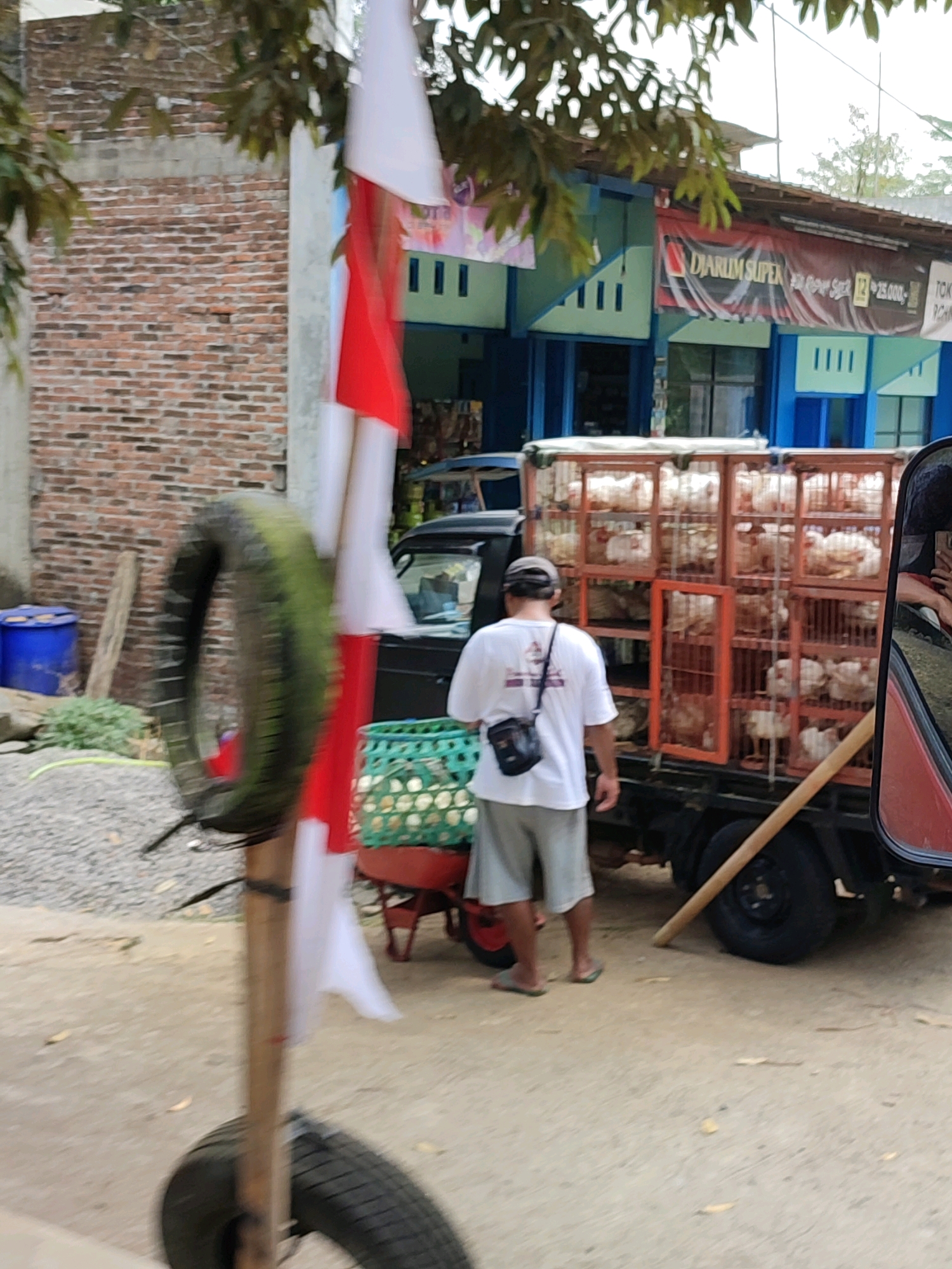 In Wuwuharjo, Indonesia, a person wearing a white t-shirt and gray shorts stands beside a truck filled with cages of chickens. The truck is parked on a dirt road in front of a building with blue and green accents and a banner that reads "DJARUM SUPER." A red and white Indonesian flag is attached to a pole in the foreground. A tire is mounted on the pole below the flag. In the background, a brick wall and some trees are visible. The overall scene suggests a commercial or agricultural setting.