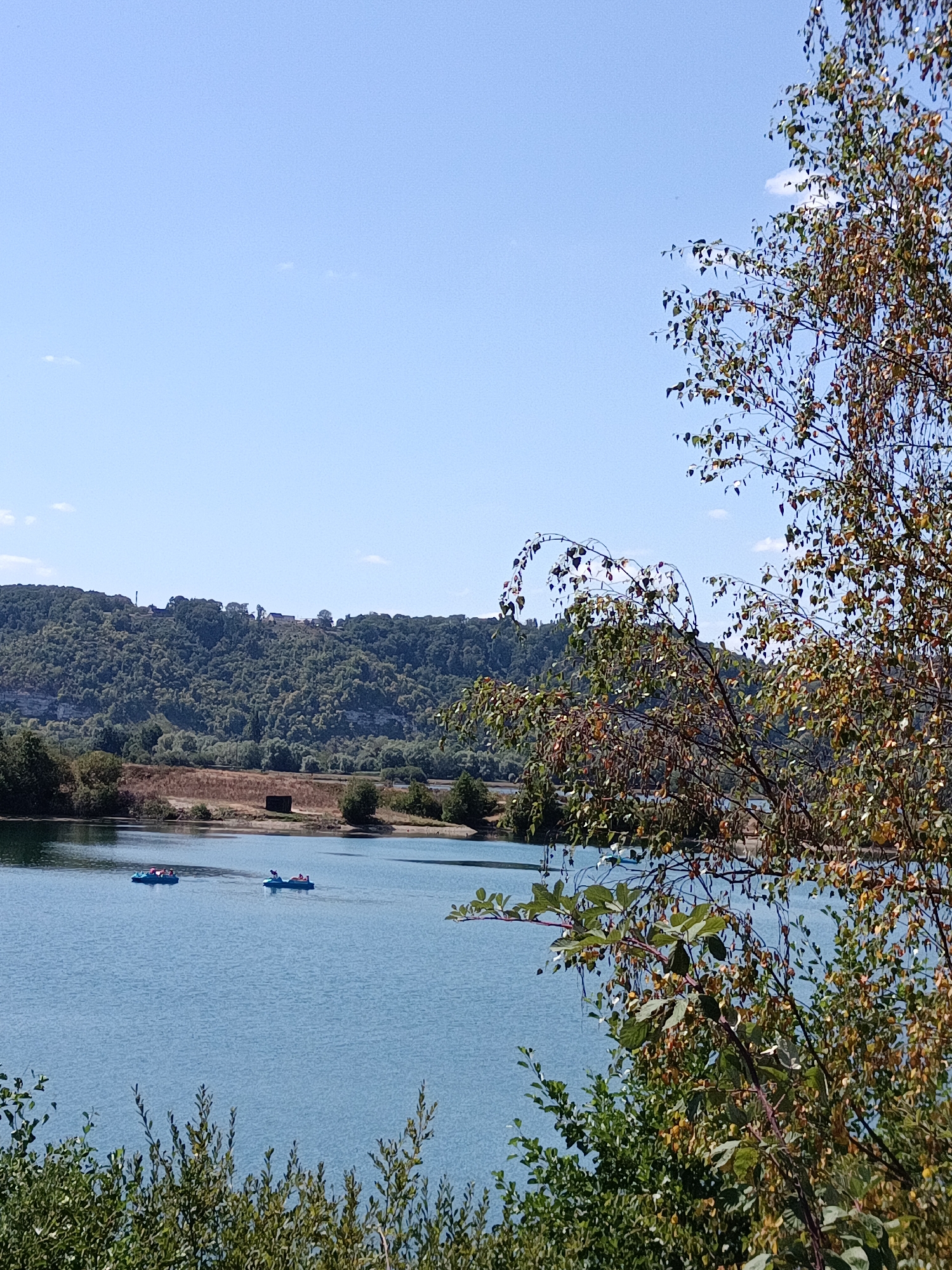 The image shows a wide, blue lake with two small blue boats on it. The boat on the left has several people in it. The boat on the right has one person. In the distance, there is a green, tree-covered hill with some buildings on top. In the foreground, there are green bushes and a tree with brown and green leaves. The sky is a clear blue. This is a view of the Seine River in Jumièges, France.