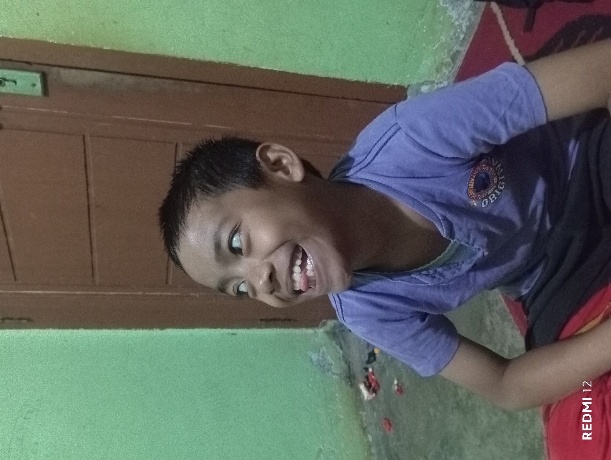 A young boy with dark hair and brown eyes is captured in a medium shot, looking upwards and to the left with a wide, toothy grin. He is wearing a purple t-shirt with a circular emblem on the left side of his chest. The background is dimly lit, featuring a light green wall on the left and a brown wooden door on the right. The floor appears to be a tiled surface, with some scattered items visible on the left. The overall impression is of a candid, joyful moment captured indoors. The presence of the "REDMI 12" watermark suggests the photo was taken with a Xiaomi Redmi 12 smartphone. Based on the context of this photo being provided with information relating to Pagar Alam, Indonesia, it is highly probable that this scene is located within a residence in Pagar Alam.
