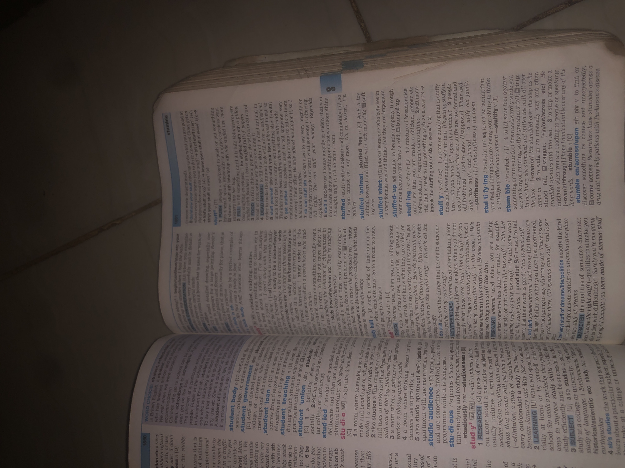 The image shows an open dictionary lying on a surface, likely a table. The dictionary is open to pages with entries for "student union" through "stuffing" and "stuff-y" through "stumble". The pages are a light cream color, and the text is printed in black. The dictionary is bound in a way that allows it to lie flat when open. The lighting in the image is somewhat dim, casting shadows and making the surface the book rests on appear darker. The book itself is the primary subject. The scene is a still, indoor environment, with no external elements visible. There is no indication of the city of Jalingo, Nigeria.