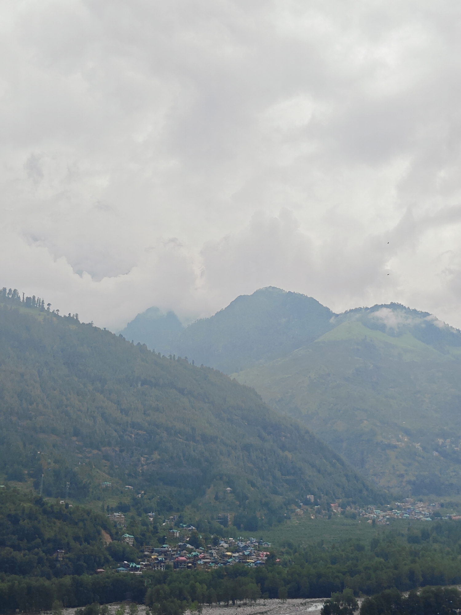 The image depicts a panoramic view of a mountain landscape in Vashisht, India. The foreground shows a lush green forest and a rocky riverbed. In the midground, a village is nestled amongst the trees, with buildings featuring colorful roofs. The background is dominated by rolling, mist-shrouded mountains covered in dense vegetation. The sky is overcast with heavy, gray clouds. Two birds are visible in flight against the cloudy sky. The scene conveys a sense of natural beauty and the presence of human habitation within a mountainous region.