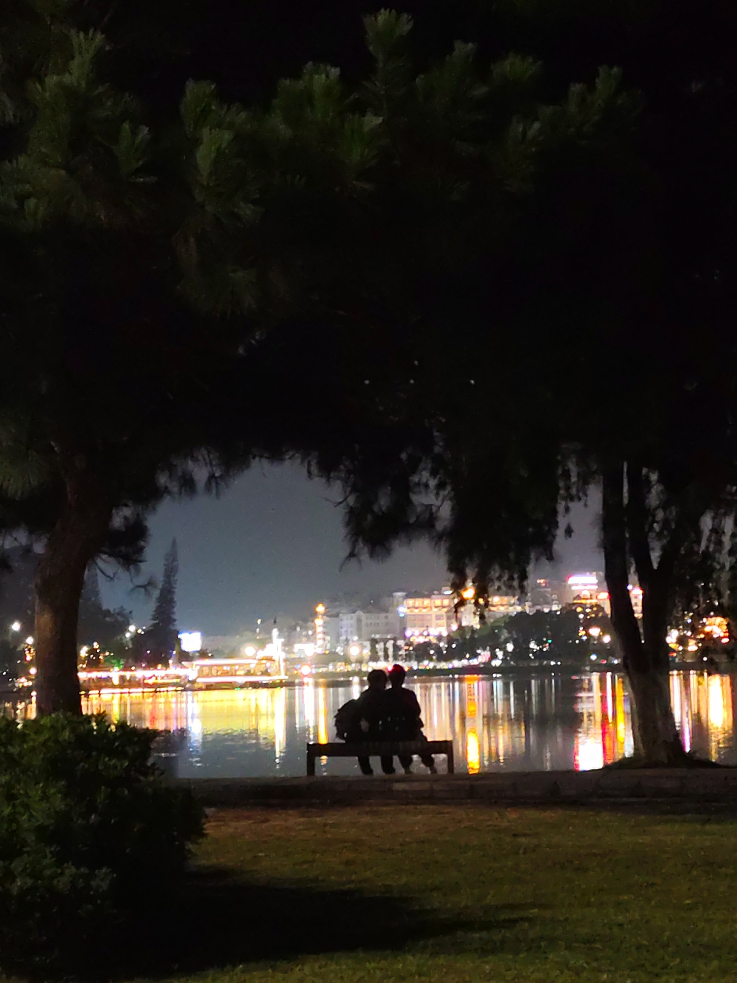 The image captures a serene nighttime scene in Da Lat, Vietnam, viewed from a park or lakeside area. In the immediate foreground, dark silhouettes of large trees with distinctive pine needles create a heavy, dark canopy at the top, and frame the lower edges of the picture with their trunks and foliage, including a dense bush on the left.
The main subjects are a couple, silhouetted against the illuminated background, sitting closely together on a wooden bench. They are positioned in the midground, facing the body of water. One individual appears to be wearing a dark or reddish hat.
Beyond the couple, a lake or large pond stretches across the midground. Its surface beautifully reflects the vibrant, colorful lights of a city skyline in the background. The city itself is a collection of buildings adorned with numerous bright, artificial lights in various hues, casting streaks of yellow, red, blue, and white onto the water. The reflections are somewhat elongated and slightly blurred, suggesting gentle ripples on the water's surface.
The time of day is clearly night, as indicated by the dark sky and the reliance on artificial light sources from the city. The atmosphere is tranquil and romantic, emphasized by the quiet repose of the couple and the shimmering lights on the water. No specific weather conditions are discernible, but the water appears calm. There is no visible text in the image.