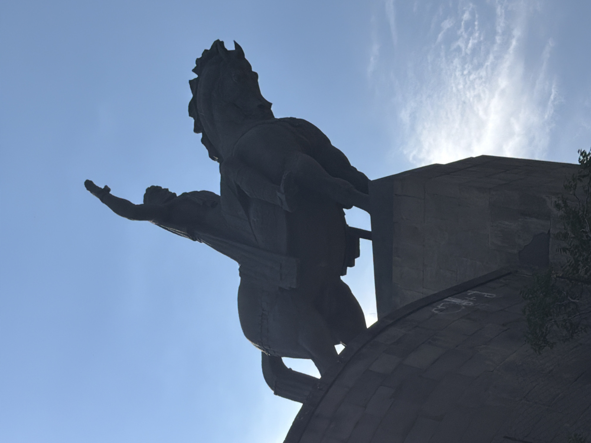 This is a low-angle, silhouette shot of a statue of a man on horseback, viewed against a bright, partly cloudy blue sky. The statue is dark grey and appears to be made of stone or metal. The man is depicted with his right arm raised, pointing upwards. The horse is in mid-stride, with its head turned to the right and its mane raised. The statue is perched on a tall, dark, stone pedestal that has a curved, brick-like texture on the left side. The base of the pedestal is partially obscured by dark green foliage at the bottom left of the frame. The sunlight is strong, creating a bright halo effect around the horse and its rider, and casting some shadows on the pedestal. This statue is identified as the Mother of Georgia (Kartlis Deda) statue, located on Sololaki Hill in Tbilisi, Georgia.