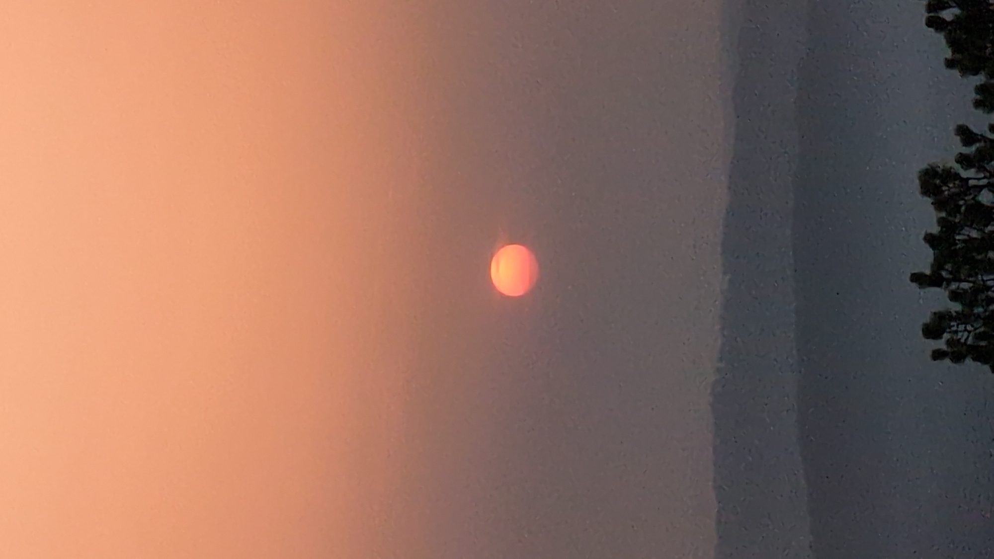 The image shows a reddish-orange sun obscured by smoke or haze. The left side of the image is filled with a similar reddish-orange haze. The right side shows a darker, gray area with the silhouette of tree branches visible. The orientation of the image appears to be tilted counter-clockwise. No people or specific objects are discernable beyond the sun and tree. Barahamtheru is not indicated in the image.