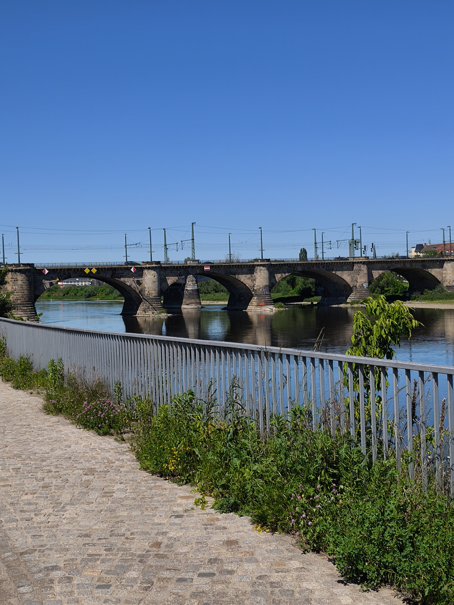 A daytime shot shows a stone bridge over a river, as viewed from a cobblestone path with a metal fence. The sky is a clear blue. The bridge is composed of stone arches, and has electrical lines and poles running along its top. On the other side of the river, there are trees and some buildings. The river reflects the bridge's arches. The fence runs parallel to the path, with greenery and small purple flowers growing at its base. The perspective is low to the ground, emphasizing the path and fence.