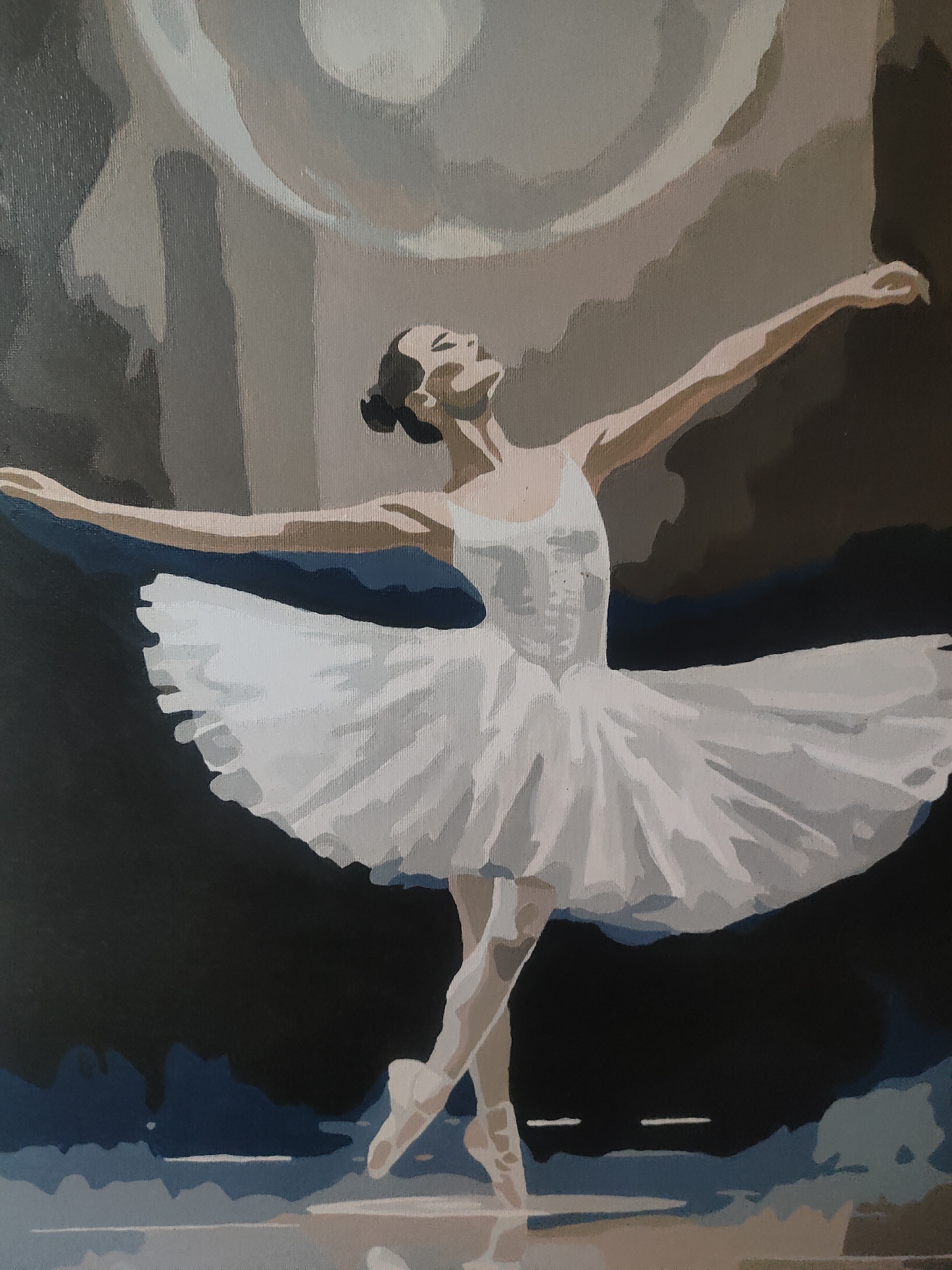 The image depicts a painting of a ballerina in mid-pose. She is wearing a white tutu and pointe shoes, with her arms outstretched and her head tilted back. The background is abstract, with muted tones of gray, brown, and dark blue, suggesting a stage or dramatic lighting. The overall impression is one of grace and movement. The location of Ternovka, Moldova, is not discernible from the provided image.
