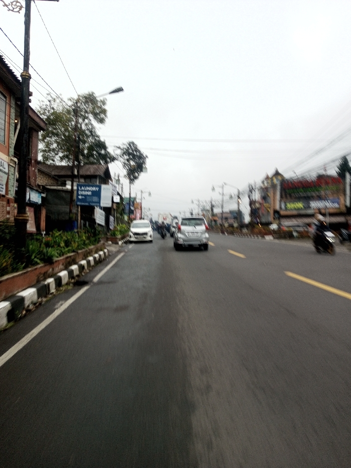 This image depicts an urban street scene in Chagzam_Pam, Bhutan, under an overcast, bright grey sky. A multi-lane asphalt road, appearing damp in sections, extends from the foreground into the distance. On the left, a low concrete curb with black and white painted segments separates the road from a raised planter containing green foliage. A decorative black and gold street pole with overhead utility lines stands on the far left. Behind the planter, multi-story buildings line the street; one structure displays a blue sign with white text, "LAUNDRY DISINI," and smaller, illegible text below.
Vehicular traffic moves away from the viewer on the roadway. A white car is positioned near the left curb, and a silver SUV occupies the middle lane. Further ahead, several motorcycles and other vehicles are present. On the far right, a dark motorcycle with a rider is visible in motion, indicated by blur. The road surface features a white solid line along the left curb and double yellow lines in the middle to right section. In the background, additional buildings with various commercial signs and multiple street lights on poles line both sides of the road, beneath a network of utility wires.