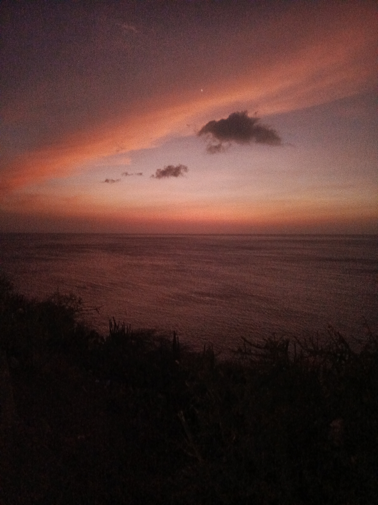 The image shows a sunset over the ocean, likely taken from a high vantage point. The sky is streaked with bands of orange and purple clouds. Two small, dark clouds are visible near the center of the frame. A faint, white speck, possibly a planet or star, is visible in the upper portion of the sky. The ocean is calm, with a slight reflection of the sunset colors. In the foreground, dark vegetation or shrubbery is visible, obscuring the ground.
While I cannot definitively confirm the location based solely on visual information, the description of the scenery matches typical landscapes found in Juan Griego, Venezuela, particularly coastal areas with elevated viewpoints. The vegetation and sunset colors are consistent with that region. Without more visual landmarks or geographical context, I cannot provide further certainty.