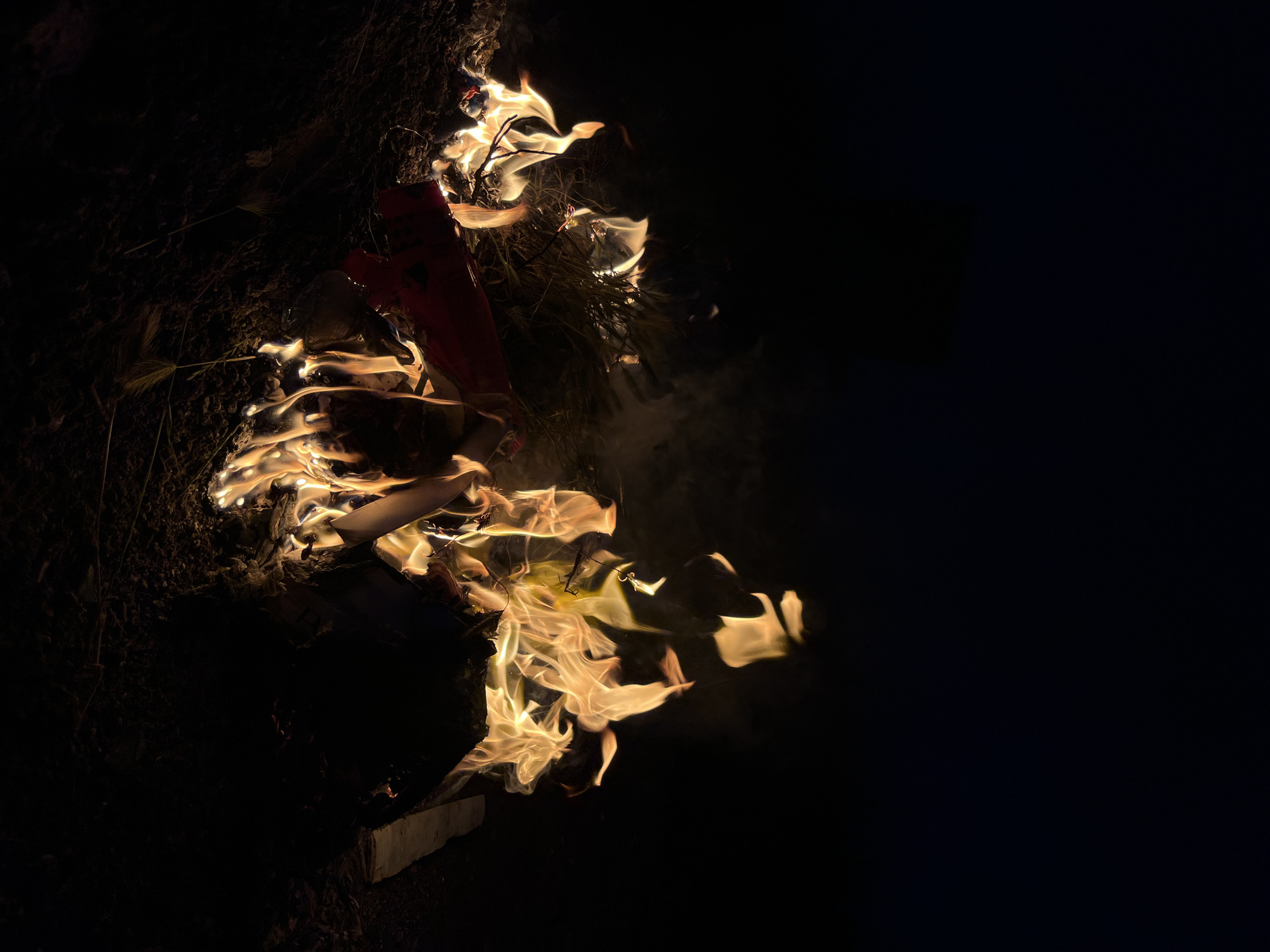 A fire is burning in a dark outdoor setting, seemingly on the ground amidst some vegetation. A piece of red material is partially consumed by the flames. The fire's location is unknown.