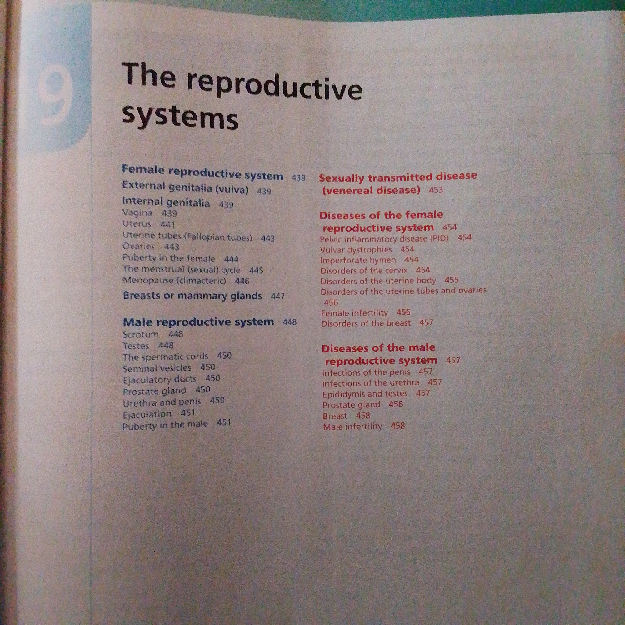 The image is a close-up, high-angle shot of a book page. The page displays a table of contents or index with entries related to the reproductive systems. The text is black and red, with page numbers listed to the right of each entry. Prominent headings include "The reproductive systems," "Female reproductive system," "Breasts or mammary glands," "Male reproductive system," "Sexually transmitted disease (venereal disease)," and "Diseases of the female reproductive system" and "Diseases of the male reproductive system". There is a large, pale blue number "9" in a rounded square on the left side of the page. The background of the image is a light-colored, textured surface. There is no indication of Jalingo, Nigeria, or any city.