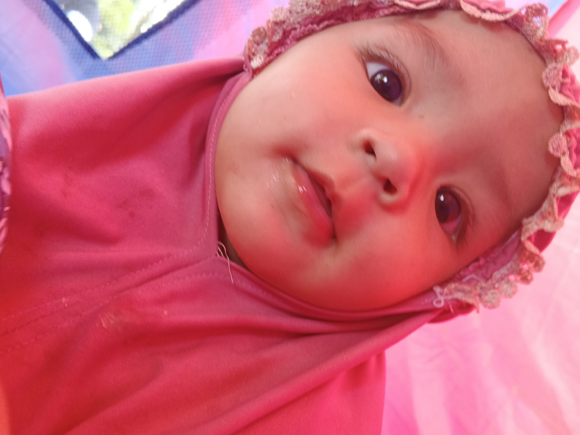 A close-up, low-angle, indoor, eye-level shot captures a baby's face and upper body. The baby is wearing a pink hijab with a decorative lace trim. The dominant color is bright pink, emanating from the baby's clothing and the surrounding environment, likely a tent or canopy. The baby's skin is flushed, and their eyes are wide open, looking towards the camera. The background is blurred, showing hints of blue and green, possibly indicating an outdoor setting visible through the tent. The image was taken in Perbawati, Indonesia.