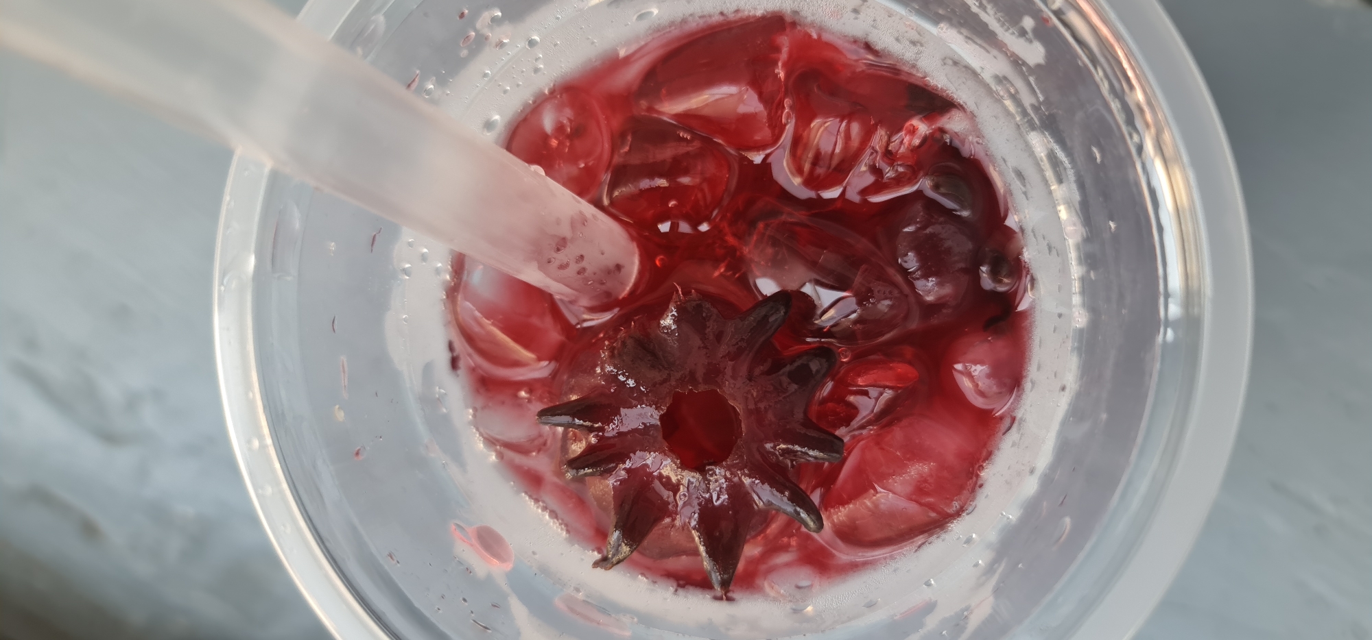The image shows a top-down view of a clear plastic cup filled with a red-colored beverage, likely hibiscus tea, containing ice cubes and a translucent plastic straw. A dark red hibiscus flower is submerged in the drink. Condensation droplets are visible on the outer surface of the cup. The cup is placed on a light grey surface, possibly a table. The setting appears to be an outdoor cafe or restaurant in daylight, potentially in Đà Nẵng, Vietnam.