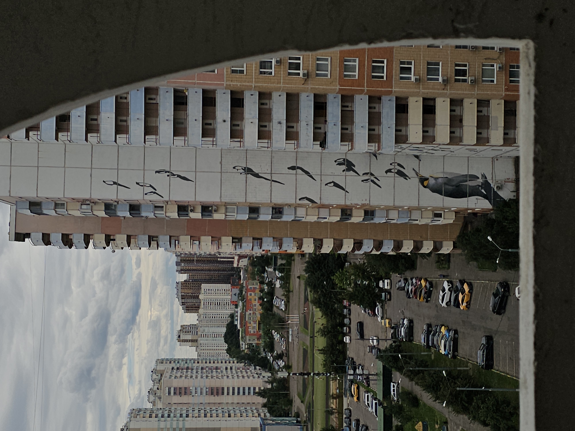 The image depicts a view from an upper floor, looking out over a residential area with multiple apartment buildings. A tall, light-colored apartment building with a mural of birds and a penguin on its facade dominates the right side of the frame, partially obscuring the view of other buildings. These buildings are of varying heights and architectural styles, with some appearing older and others more modern. In the middle ground, a courtyard area features a sports field, parking lots filled with cars, and trees. The sky is overcast with gray clouds. The scene appears to be a typical urban residential landscape. Specifically, this image was taken in the city of Odintsovo, Russia, capturing a section of a large housing complex.