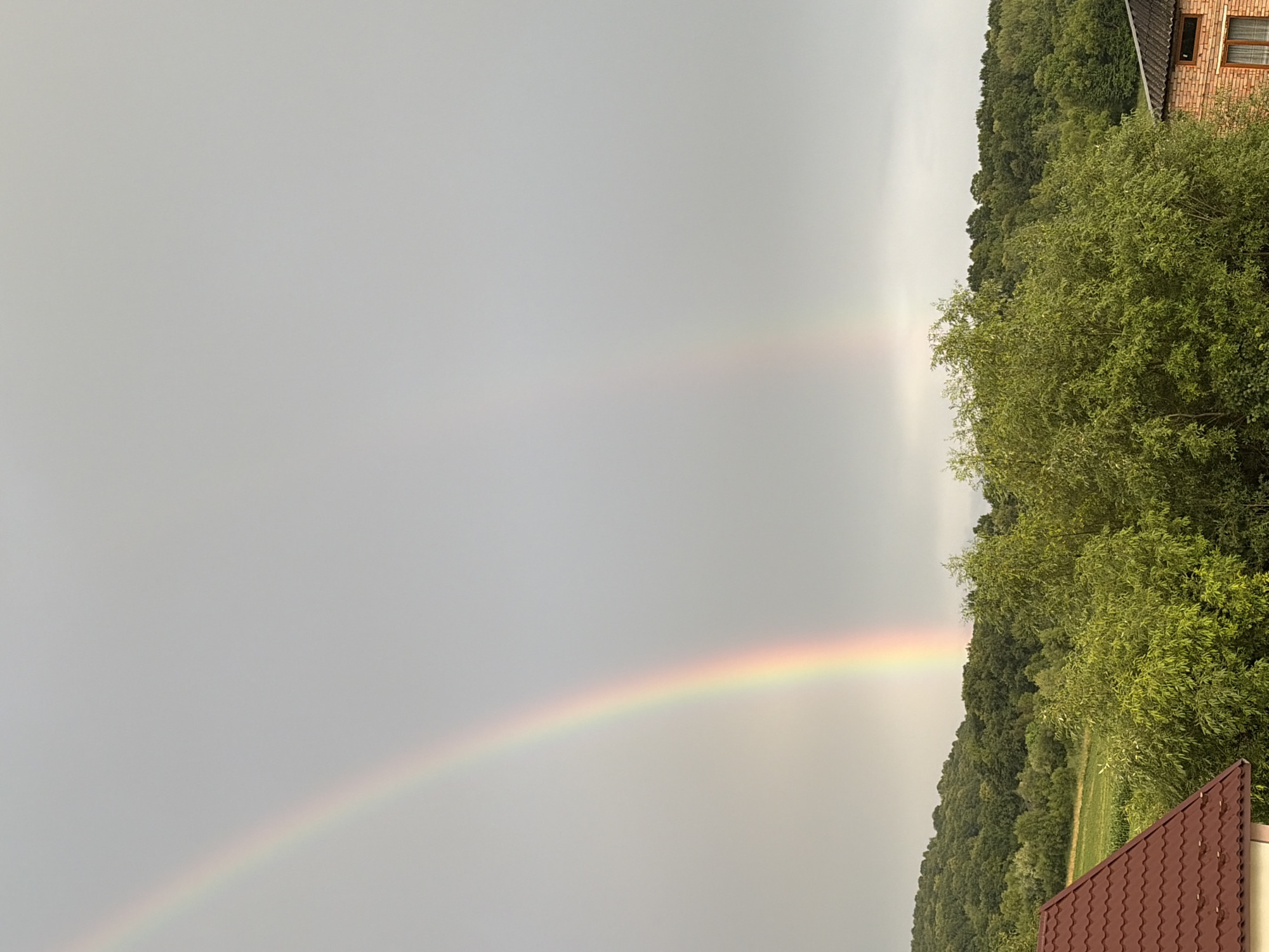 This image captures a landscape scene in Hanniv, Ukraine, dominated by a cloudy sky and a faint double rainbow. The foreground features the roof of a building on the left, constructed with dark red, overlapping tiles. To the right, another building with brick walls and a dark roof is partially visible. Dense, green foliage from trees fills the middle ground, obscuring much of the landscape. Beyond the trees, rolling hills covered in lush green forests stretch across the horizon. The sky is overcast with a pale gray hue, though the upper half of the image is lighter, suggesting the presence of a distant sun. The faint, pastel colors of a double rainbow arc through the sky, with the primary bow on the left being more prominent and the secondary bow on the right appearing weaker and further away. There are no people or animals visible in the scene, and no actions or interactions are depicted.