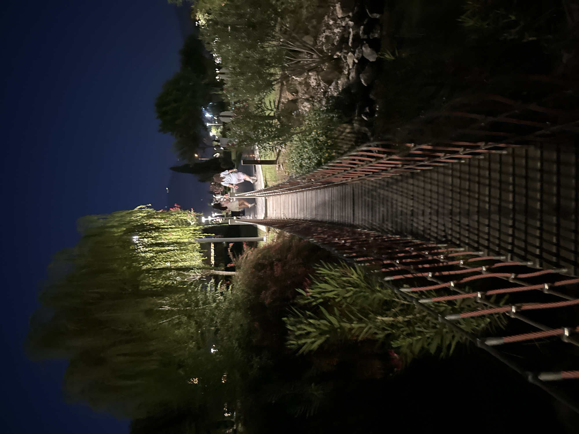 An outdoor nighttime scene at a park or recreational area in Fethiye, Turkey features a wooden pedestrian bridge with red rope railings extending towards the viewer. The bridge casts shadows on its surface. Two individuals, a woman in a light-colored dress and a woman in a light-colored top and patterned shorts, are walking away from the viewer on a paved path beyond the bridge. They are silhouetted against the ambient lighting. The environment includes lush green foliage, trees with weeping branches illuminated by lights, and some rocky areas near a body of water. Streetlights are visible in the background. The sky is dark blue, indicating it is night.