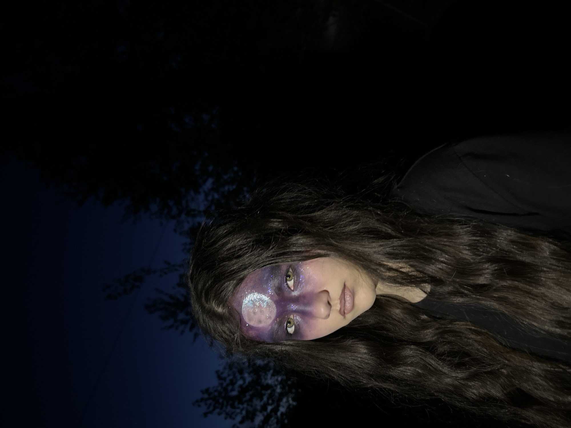 A photograph captures a person with long, dark, wavy hair and face paint resembling a lunar or celestial theme. The paint appears to be a mix of purple, white, and glitter, with a round area mimicking the appearance of a moon. The person has light-colored eyes and is facing the camera with a somewhat tilted head. The background is dark, suggesting nighttime. The image may have been taken in Chaikovsky, Russia, but there are no obvious or visible clues in the picture to prove or disprove that. The setting appears to be outdoors, with hints of foliage and the night sky.
