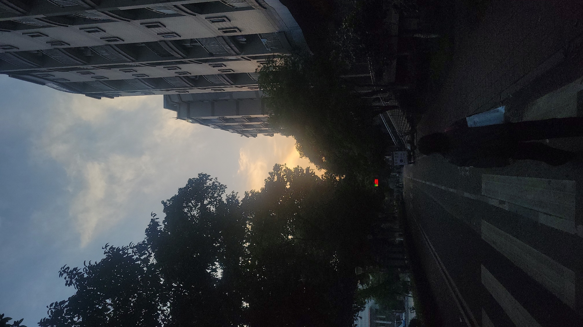 The image depicts a street scene in the Yuzhong District of China, at dusk or dawn, with a multi-story building on the left side of the frame and trees lining the street. A person walks across a zebra crossing on the right side of the image. A red and green traffic light is visible further down the street. The sky is visible between the trees and buildings.