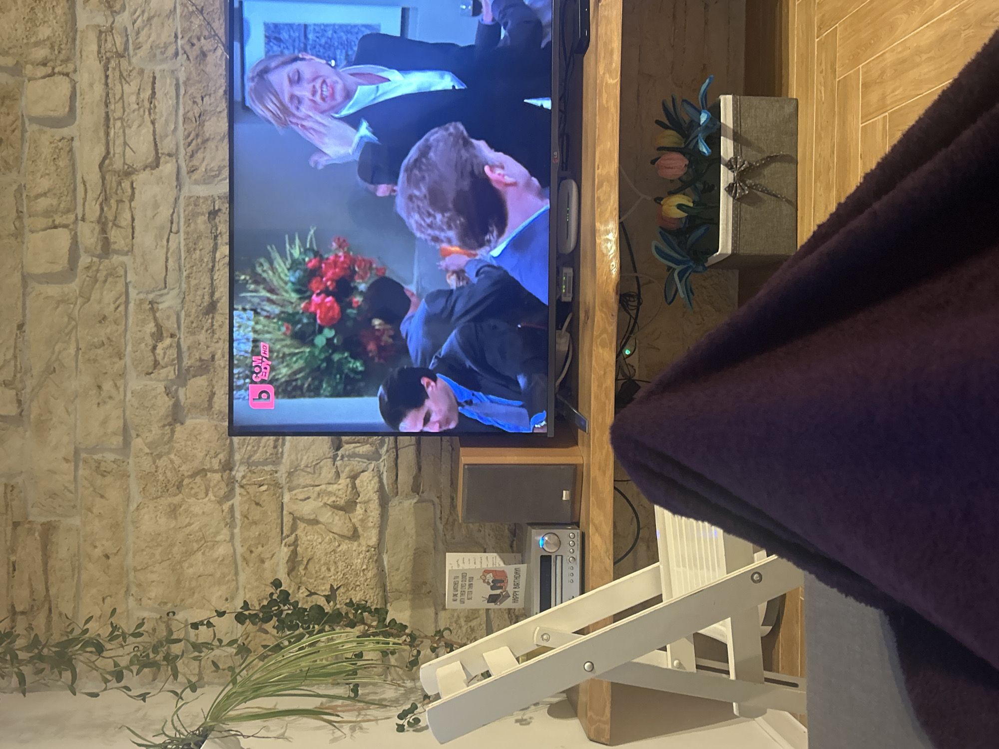 The image shows a television mounted on a stone wall, displaying an episode of a sitcom, possibly "Friends". A group of actors is visible on the screen, engaged in a scene with red roses. Below the television, a wooden shelf or mantel holds a speaker, a card with the text "HAPPY BIRTHDAY!", and a white folding chair. To the left, a vine trails along the wall, and a blanket is draped over the chair. The wall appears to be a decorative stone wall. The location appears to be inside a home.