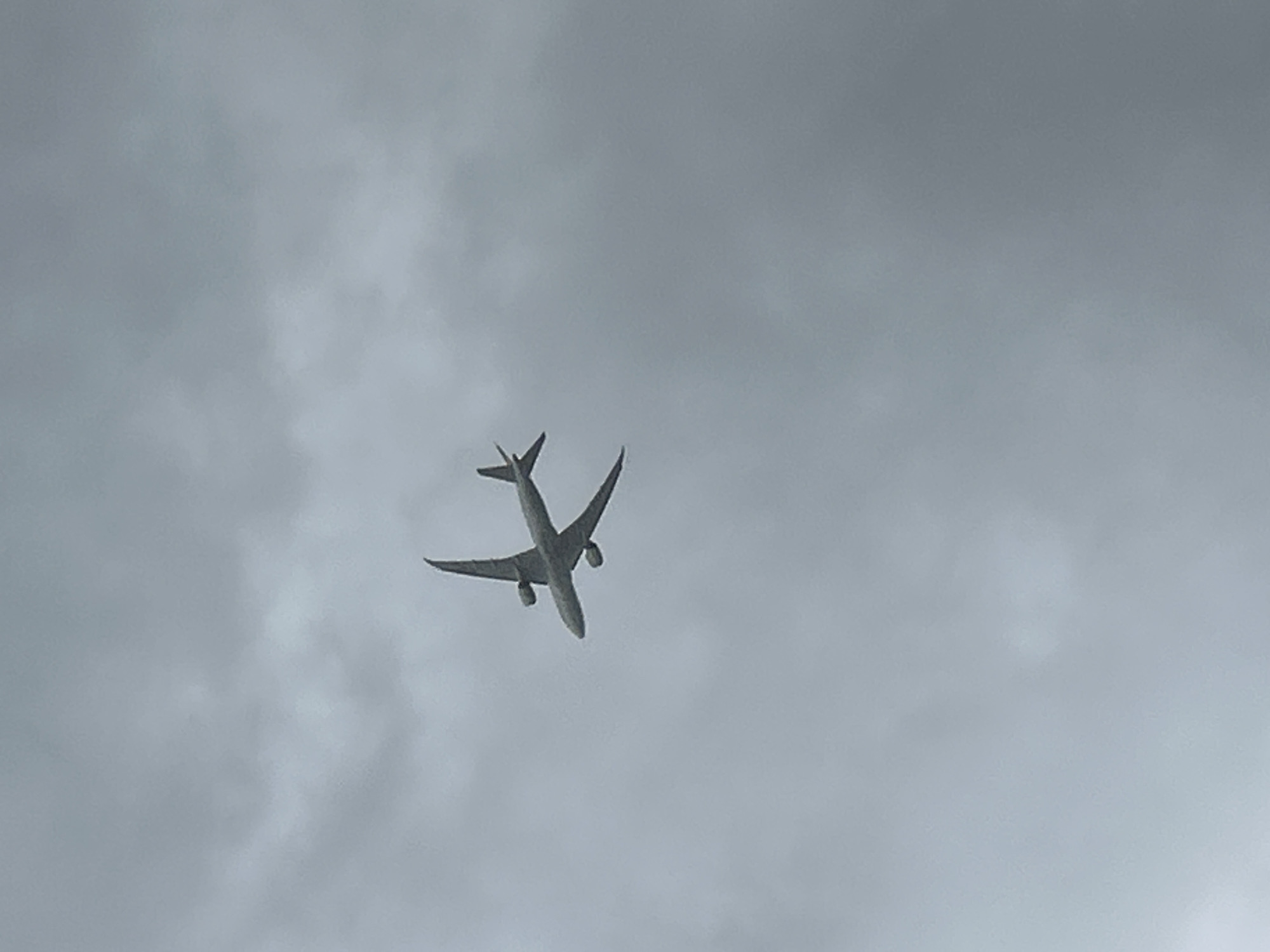 An airplane is captured in mid-flight against a cloudy, overcast sky. The aircraft, viewed from below, is a wide-body jet with two engines mounted under its wings. The sky is a uniform grey, indicating a day with diffused light. There are no visible landmarks or any indication of the city of Lyubertsy, Russia in the image. The perspective is from ground level looking upwards.