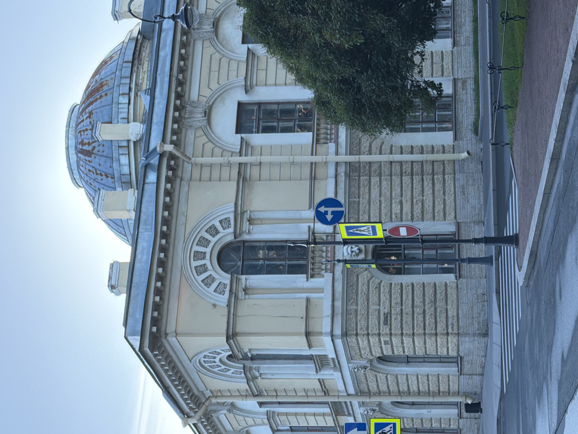 The image shows a street scene in Saint Petersburg, Russia, featuring an ornate historical building with a dome. The building is light yellow with a rust-colored, domed roof. It has numerous arched windows and decorative stone carvings, including faces. Traffic signs are visible, including a pedestrian crossing sign and a directional sign. A pedestrian crossing is marked on the asphalt road in the foreground, and a mature tree with dark green foliage is located to the right of the building. The sky is overcast and light blue. No people are visible in the scene.
