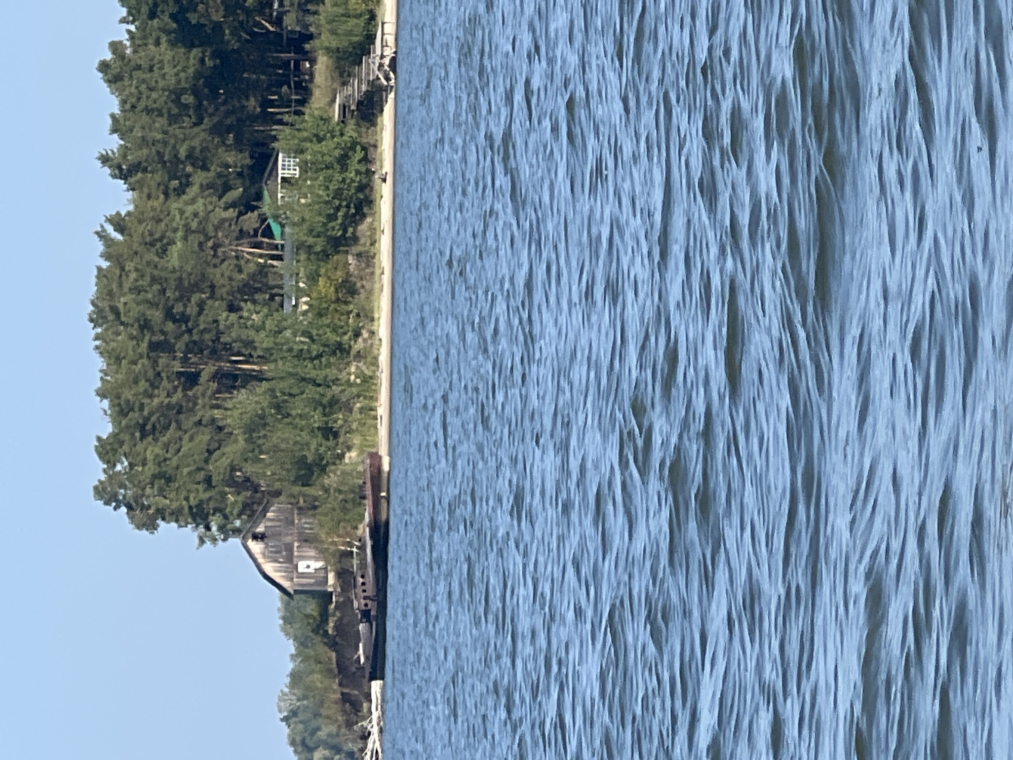 The image depicts a serene waterfront scene with a clear blue sky. In the foreground, the rippling surface of a body of water takes up the majority of the frame. On the far bank, a lush green forest lines the shore, partially obscuring various structures. A prominent wooden barn-like building with a dark roof and weathered siding stands near the left edge of the treeline. In front of the barn, two derelict barges, partially submerged and rusted, rest near the shore. Further to the right, nestled amongst the trees, is a smaller, modern-looking white building with a green roof. A wooden staircase leads down from the shore towards the water. The overall impression is one of a quiet, possibly abandoned or remote, waterfront location. There are no people visible in the image. The location is not in the city of Borovoe, Russia.