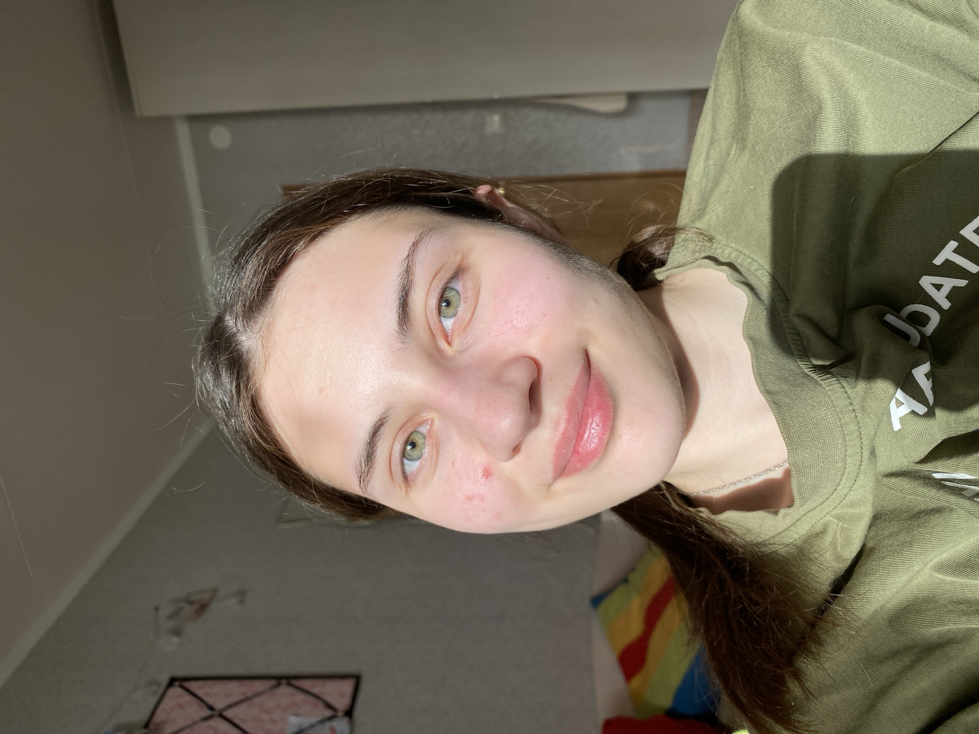 A young woman with light skin and green eyes is smiling at the camera. Her dark brown hair is partially pulled back. She wears a green t-shirt, and a thin silver necklace is visible. Sunlight is illuminating the right side of her face and shirt. The background includes a light-colored wall, a portion of furniture above her head, and what appears to be a wall hanging with red and pink colors, as well as other objects. The location of the image is unavailable and cannot be determined from the image.