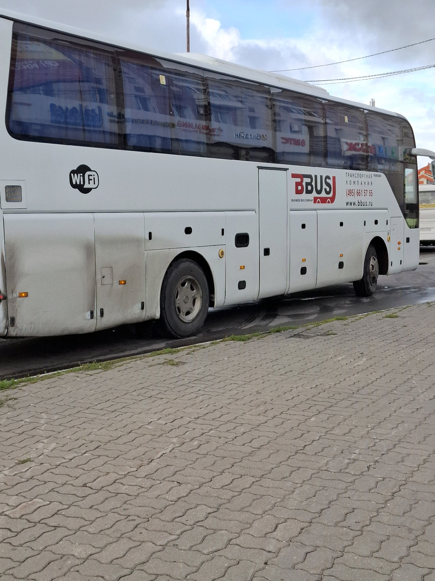 An exterior, full side shot of a white bus parked on a paved area. The bus has tinted windows, a WiFi symbol on the left side of the bus, and the "BBUS" logo on the right side, along with contact information. The bus is dirty, particularly on the lower half of the left side. The bus is parked on a paved surface that appears to be a sidewalk or parking lot, with a strip of grass bordering the paved area. The background shows a cloudy sky and some distant buildings, but the specific city is unknown.