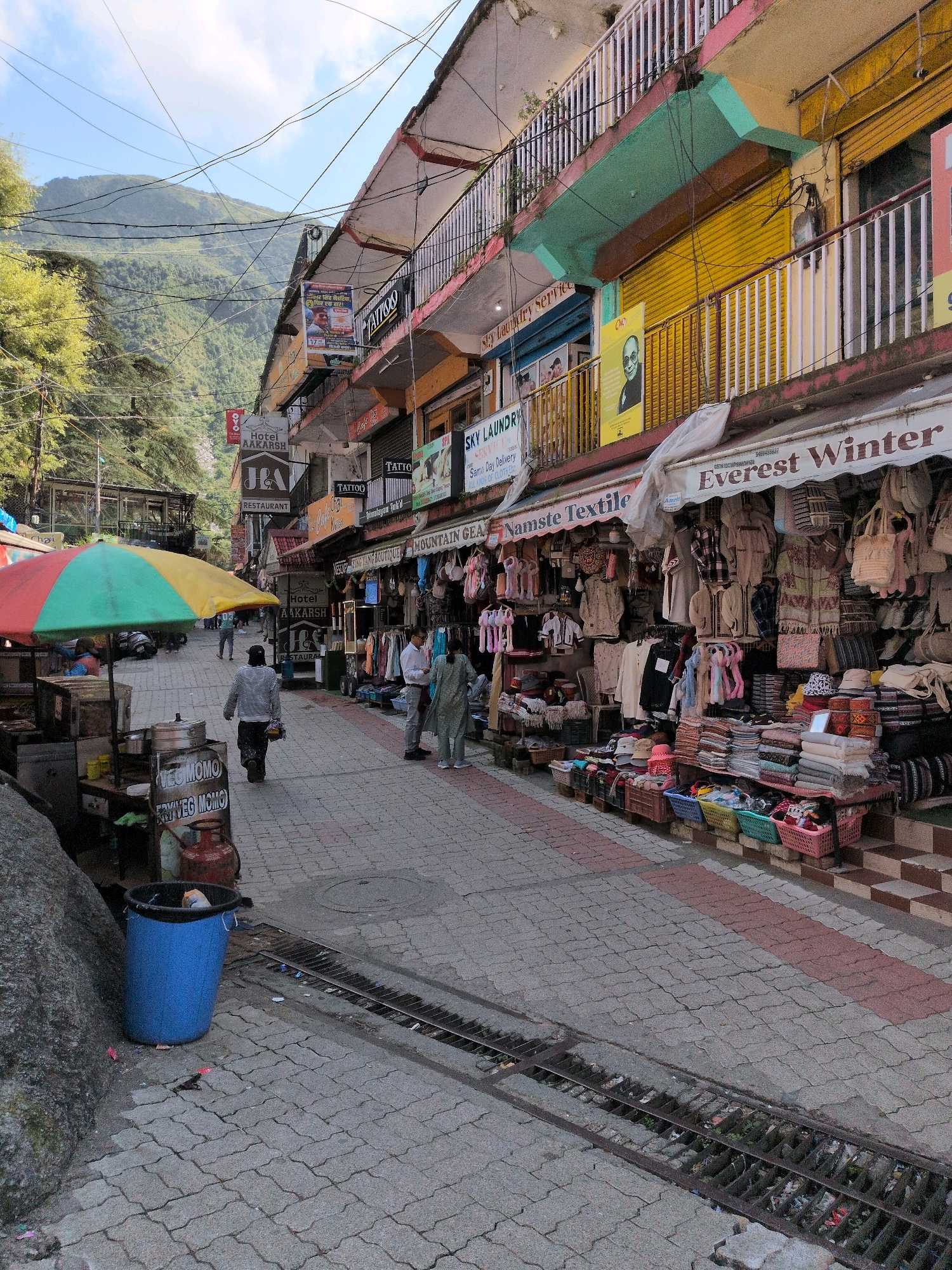 In the city of Bhagsu, India, a bustling street scene unfolds with shops lining both sides of a pedestrian walkway. The architecture features multi-story buildings with balconies, some adorned with potted plants. Shops display a variety of goods, including textiles, clothing, and handicrafts. A prominent sign reads "Everest Winter." The street is paved with interlocking concrete blocks and features a metal grate running along the side, indicating a drainage system.
Several people are present in the scene. A man in a striped shirt walks away from the camera, carrying a bag. Two other individuals, one in a light-colored garment and another in a grey outfit, are seen browsing at a shop. On the left side of the street, a food stall is visible with an umbrella providing shade. Signs for "VEG MOMO" and "FRY VEG MOMO" are displayed on the stall. A large blue trash can is located near a rock formation on the left. In the background, lush green mountains rise under a partly cloudy sky, with telephone wires crisscrossing overhead. The overall atmosphere suggests a vibrant commercial area with a backdrop of natural beauty.