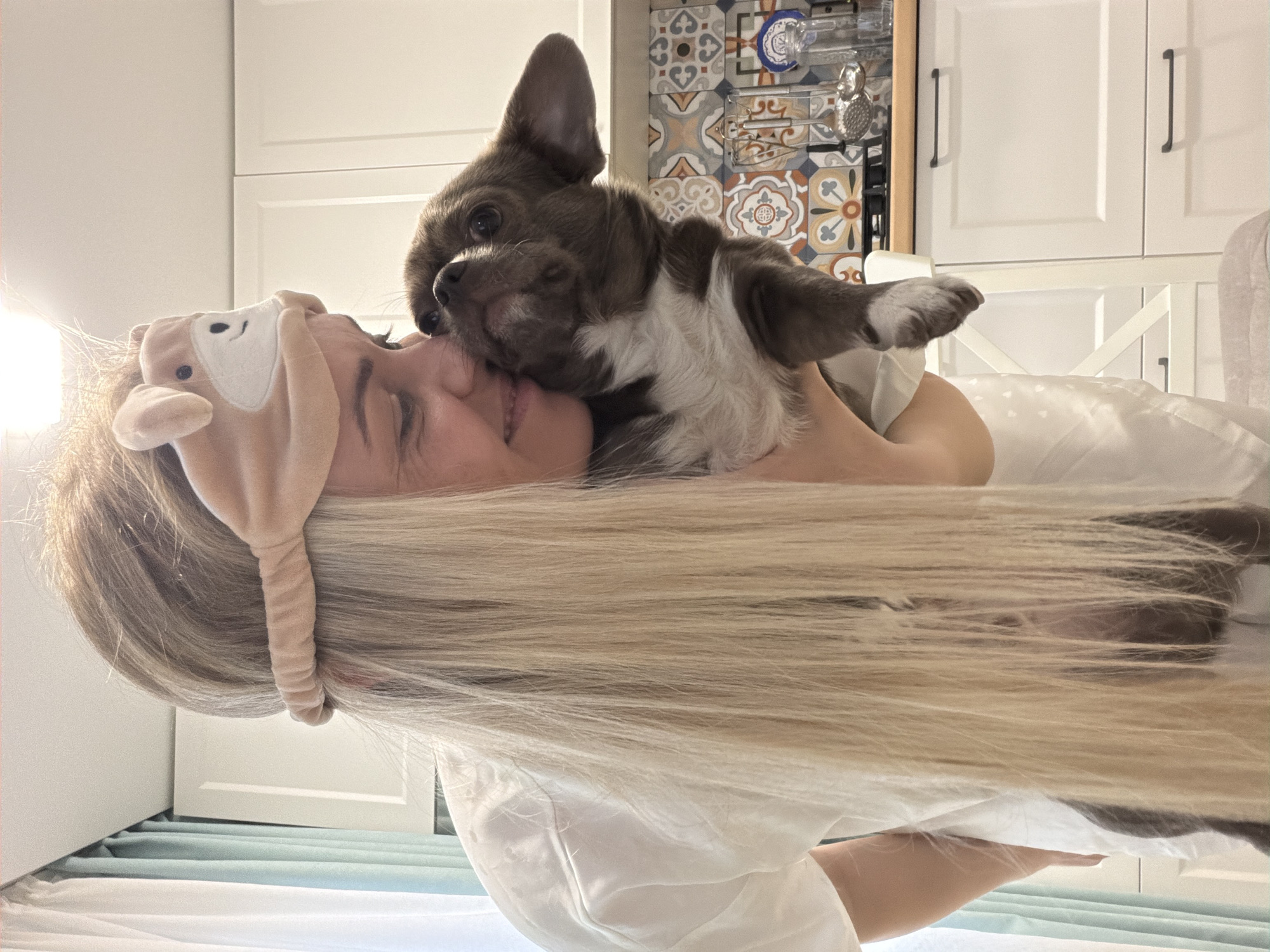 A candid, sideways-oriented indoor portrait captures a tender moment between a young woman and a small dog, possibly a French Bulldog. The woman, with long, flowing blonde hair, is wearing a light-colored top and a beige sleep mask or headband featuring animal ears. She is seen from the chest up, with her left arm embracing the dog. The dog, which has dark brown and white fur, is affectionately nuzzling or licking her cheek and mouth area. Its large ears are perked up.
The background reveals a home interior, likely a kitchen or an area adjacent to one. To the right, modern white cabinets with dark handles are visible. Behind the dog's head, there's a section of colorful, patterned backsplash tiles in shades of blue, beige, and white. A bright light source is present on the far left of the image. A light blue or green blanket or sheet is seen beneath the subjects. The overall scene conveys a feeling of warmth, affection, and domestic comfort, possibly within a home in Votkinsk, Russia. No text is visible in the image.