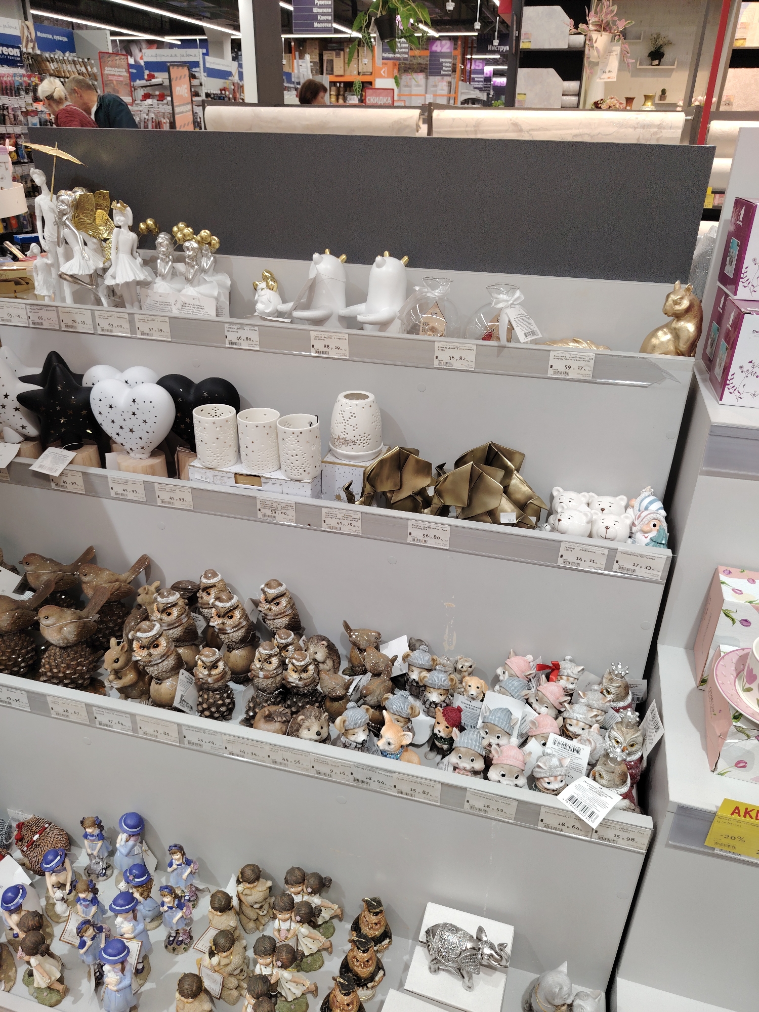 The image shows a retail store aisle with shelves displaying various decorative items. The shelves are stocked with a variety of figurines, including angels, hearts, stars, owls, birds, and small animals. The items are primarily made of ceramic or resin and are displayed in a retail setting. In the background, there are signs and displays typical of a store environment. On the top shelf, there are white and gold angel figurines, some holding balloons. Below that, there are black and white star and heart-shaped decorative items. Further down, there are rows of owl and bird figurines, and then smaller figurines of animals and gnomes. The lighting appears to be overhead store lighting. The overall impression is of a well-organized retail display of decorative home goods.