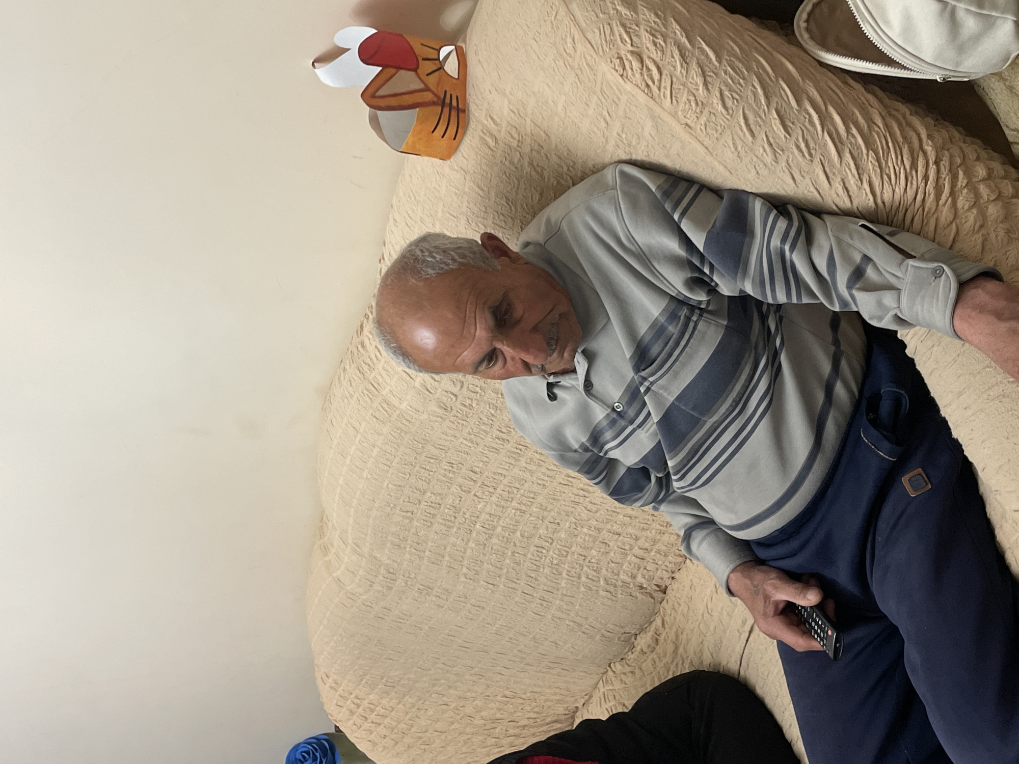 An elderly man is reclining on a textured, beige sofa indoors. He is wearing a grey striped long-sleeved shirt and navy blue pants, and holding a black remote control in his right hand. A cartoon-style tiger head is affixed to the wall above the sofa. Part of a white zippered bag is visible in the upper right corner. The scene suggests a domestic setting, but the exact location in Yerevan, Armenia is not discernible from the image.
