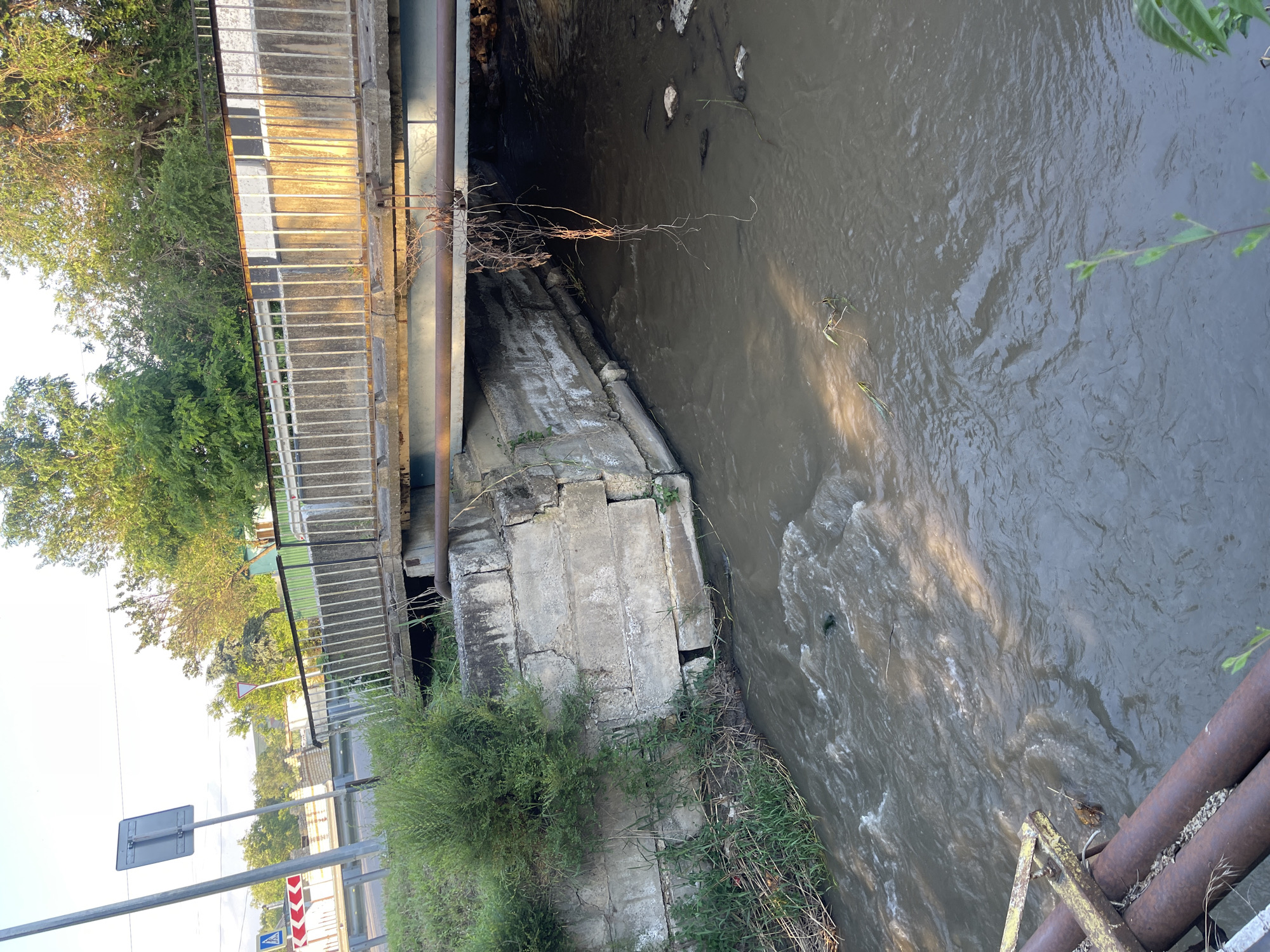 The image depicts a scene under a bridge, with a murky, fast-flowing river occupying most of the frame. The river appears to be carrying debris, with some small branches and leaves floating on the surface. On the left side of the river, there is a concrete structure, possibly a bridge abutment, with some overgrown grass and weeds. Above the concrete structure, a metal railing and the underside of a bridge deck are visible, suggesting an elevated roadway or walkway.
On the far left, there are trees with green foliage, indicating an outdoor setting. Sunlight is casting shadows and highlights on the water and the bridge, suggesting it is daytime. The sky is bright and appears to be clear, hinting at fair weather. In the background, a road and traffic signs are partially visible, with one sign displaying red and white chevron markings and another a blue rectangular sign with a white border. There is also a triangular warning sign with a red border and white interior, containing a black symbol, though the symbol is not clearly discernible. Two rusty pipes are visible in the foreground on the right side, running parallel to each other.
The overall impression is a utilitarian and somewhat neglected urban or semi-urban environment, with the natural element of the flowing river contrasted with man-made structures. No people are visible in the image. The scene appears to be static, with no specific activity or event taking place, other than the natural flow of the river. The time of day is likely late afternoon or early morning, given the angle of the sunlight and the warm tones.