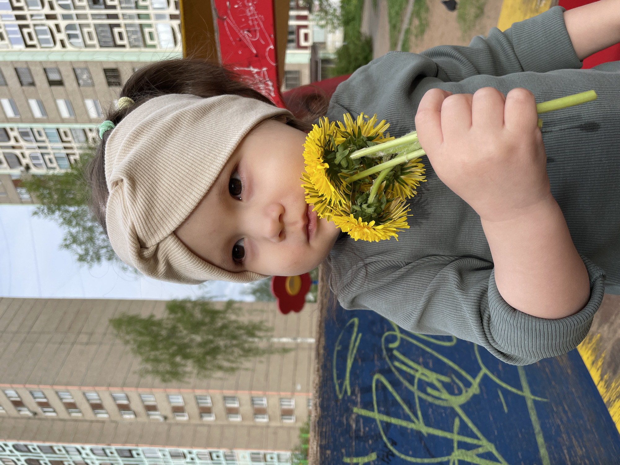 A young child stands holding a small bouquet of dandelions in their left hand. The child has brown eyes and hair, and wears a beige headband and a grey-green long-sleeved shirt. The background includes a multistory apartment building, indicating an urban environment. The child appears to be standing on or near a playground, as suggested by the colorful painted surface with graffiti-like markings and a red flower-shaped playground element visible behind them. The building in the background resembles Soviet era architecture and is consistent with buildings in Izhevsk, Russia.
