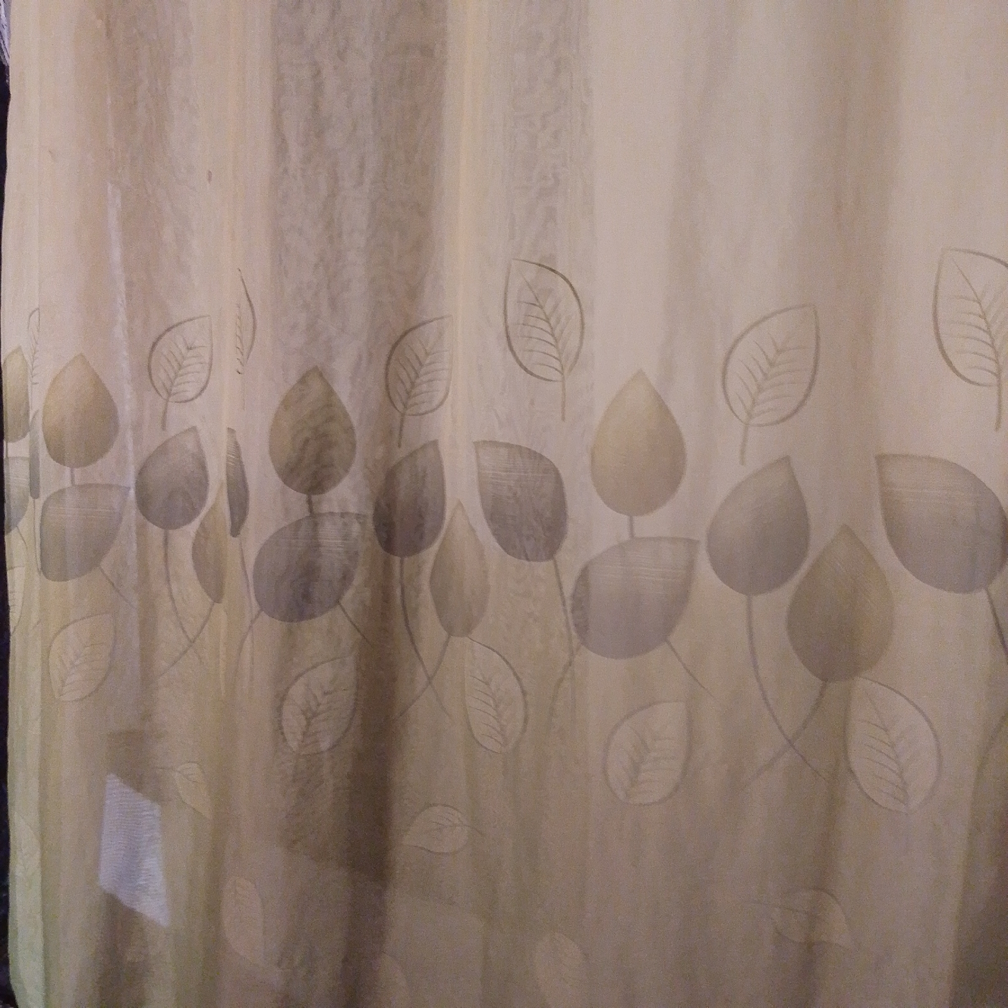 A beige curtain with a subtle leaf pattern is the subject of this image. The curtain is draped, creating vertical folds and shadows. The leaf pattern appears to be a darker beige or grey, with some leaves outlined and others filled in with a lighter shade. The lighting suggests an indoor environment, possibly a room. There are no people visible in the image. The overall impression is one of simple, decorative fabric. The location in Jalingo, Nigeria, is not discernible from the visual information provided in the image.