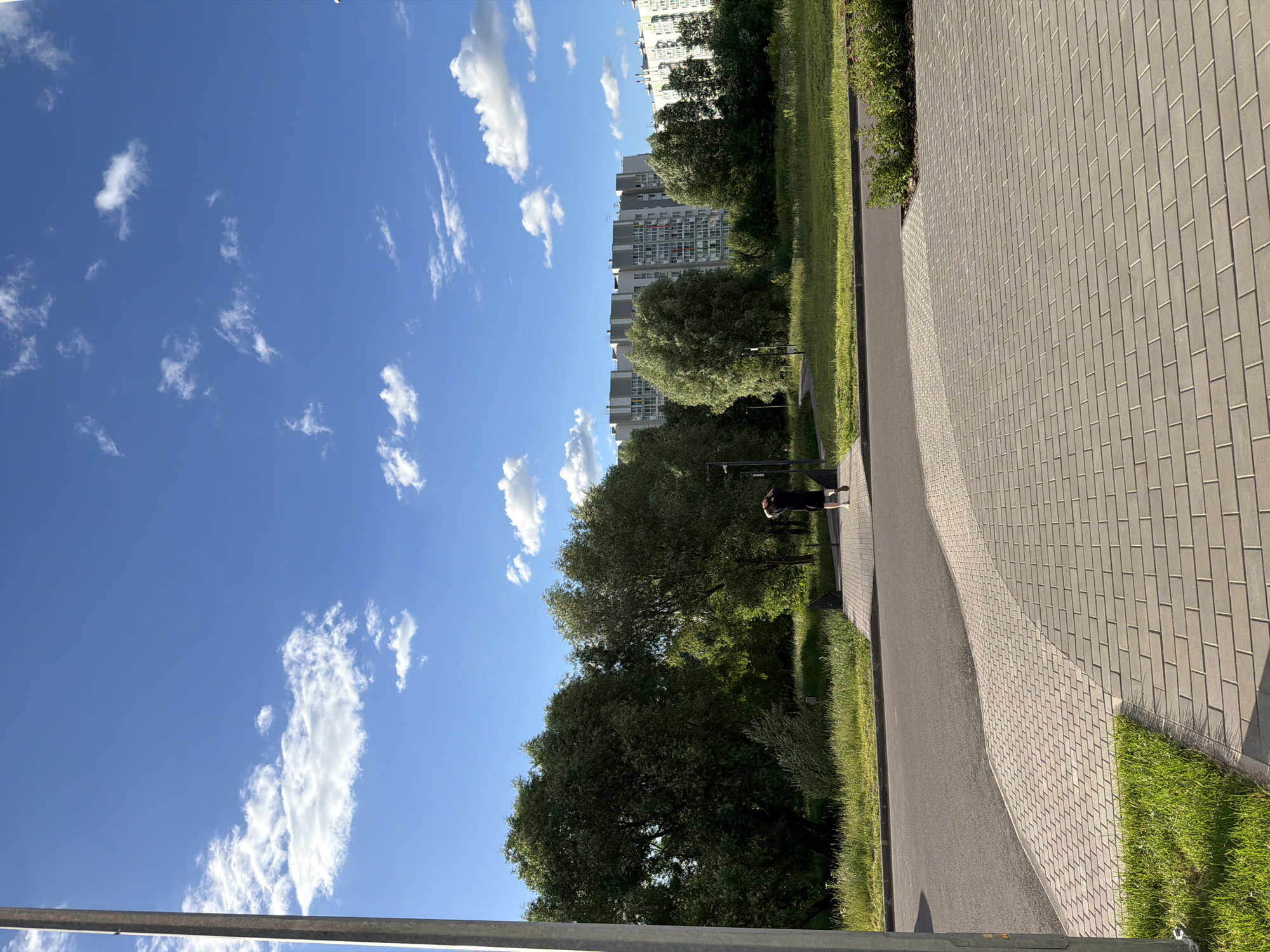 A full-shot, eye-level, outdoor, daytime, vertical medium shot captures a person walking on a paved walkway in front of a green lawn and trees. The person, viewed from behind, wears a black dress and white shoes and has dark hair pulled up. The walkway is made of light gray rectangular pavers, and a section of asphalt road is visible to the left. Beyond the walkway and road are lush green trees and grass, with a modern, multi-story apartment building with balconies in the background. The sky above is a bright blue with scattered white clouds. A metal pole stands on the left side of the frame.