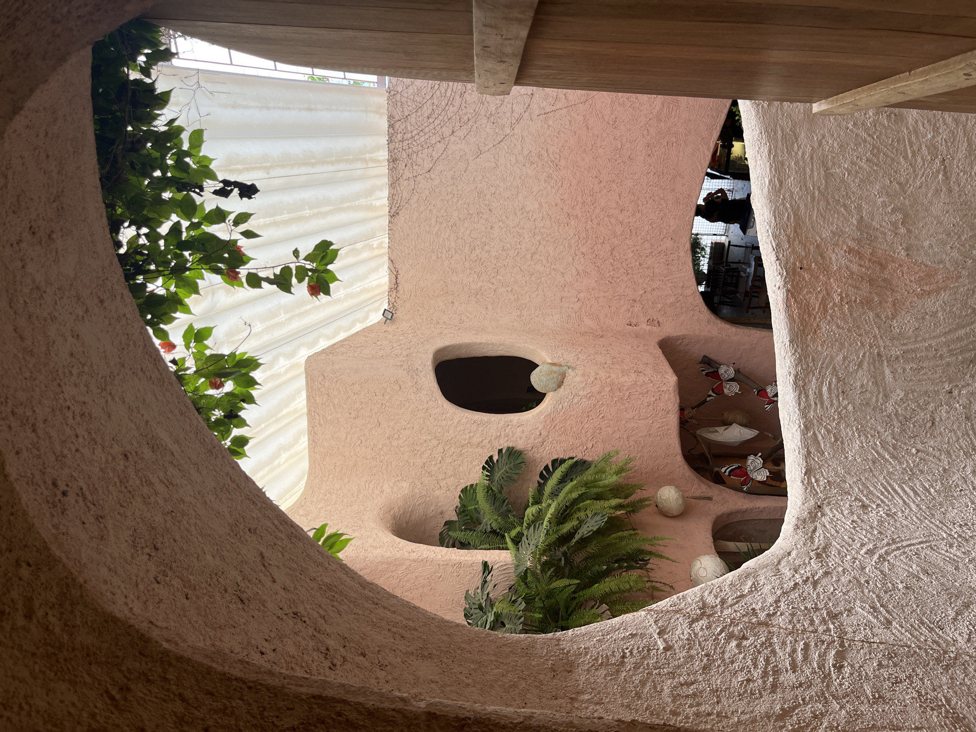 A textured pink building facade with curved openings and ledges is viewed from a low angle. The openings are decorated with various plants and objects, including ferns, monstera leaves, and round, egg-shaped decorations. A rectangular hole near the top contains a dark interior. A white, textured sheet hangs in the background, partially obscured by foliage with red berries. A wooden beam is visible overhead. The location is in the city of Unknown, Unknown.
