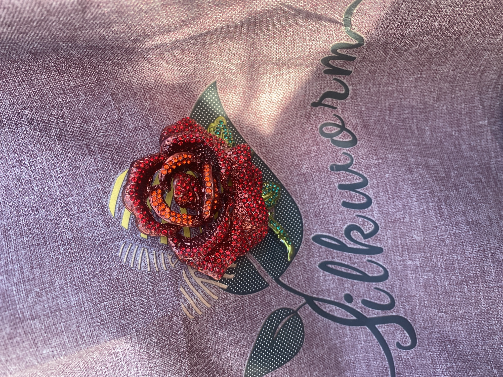 A close-up shot shows a sequined rose and the word "Silkworm" embroidered on a pinkish-purple textured fabric. The rose is detailed with red, orange, and green sequins, and it is positioned above and to the left of the text. The word "Silkworm" is written in a dark grey script font that curves across the lower half of the frame. A shadow falls across the fabric from the right side of the image, creating a diagonal line of light and shade. The background is a plain, textured fabric, suggesting this is a garment or textile item. There is no discernible urban or natural environment, thus location in Tret'ya Pad', Russia cannot be determined.