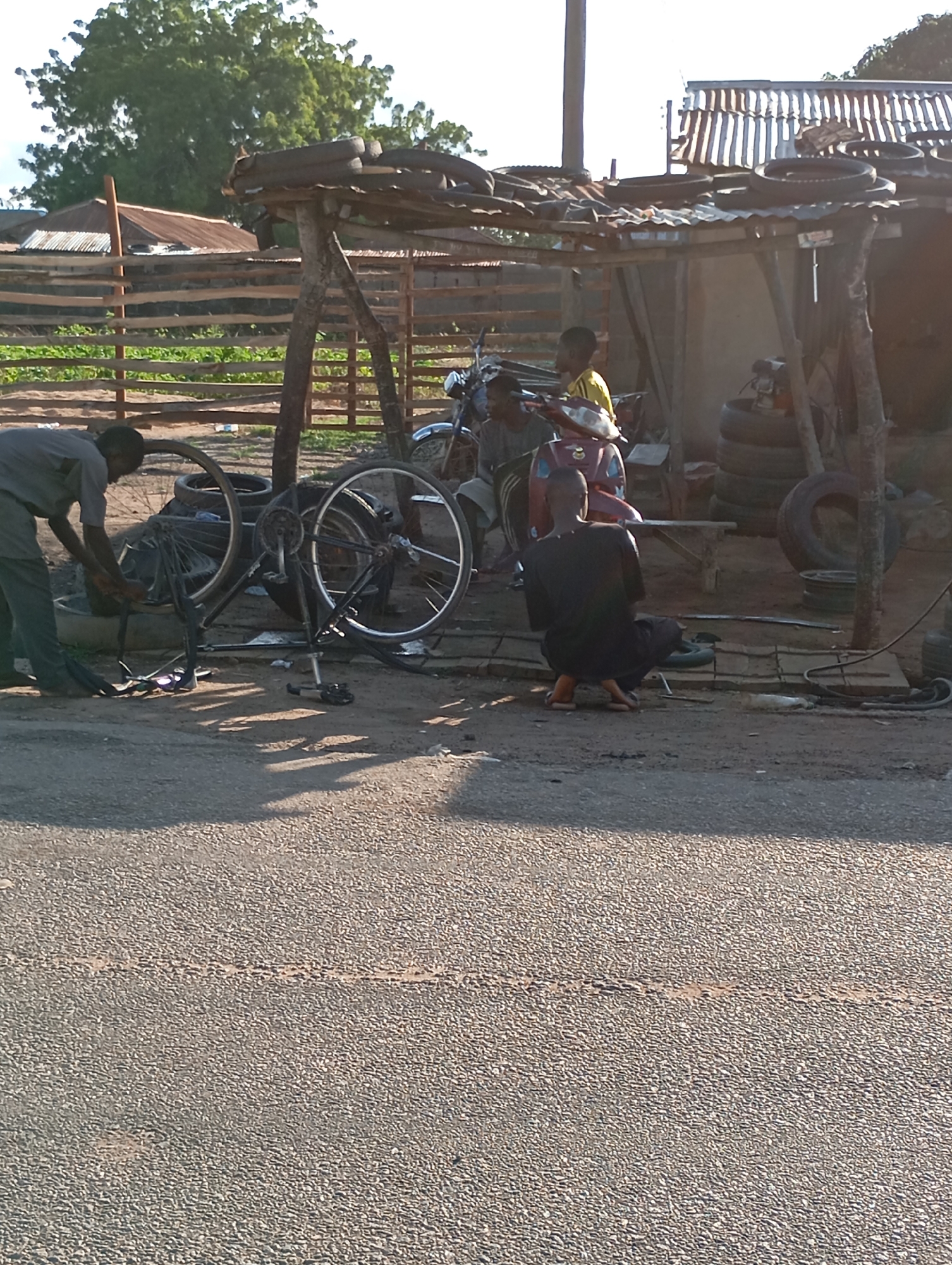 In Shendam, Nigeria, this image captures an outdoor bicycle repair shop. The scene is characterized by a rustic, open-air shelter with a corrugated metal roof reinforced by repurposed tires. In the foreground, a man in a grey shirt and green trousers is actively working on a bicycle that is partially disassembled, with its wheels detached and propped up. Another individual, wearing dark clothing, is seated on the ground in a crouched position to the right, also appearing to be engaged in repair work. Two other individuals are visible in the background, one seated on a red motorcycle and another wearing a yellow shirt, suggesting a communal or busy atmosphere at the repair site. The environment includes a dirt ground surface, a wooden fence, and a backdrop of trees and structures typical of a semi-urban setting. The presence of numerous used tires stacked around the shelter highlights the resourceful nature of the repair business.