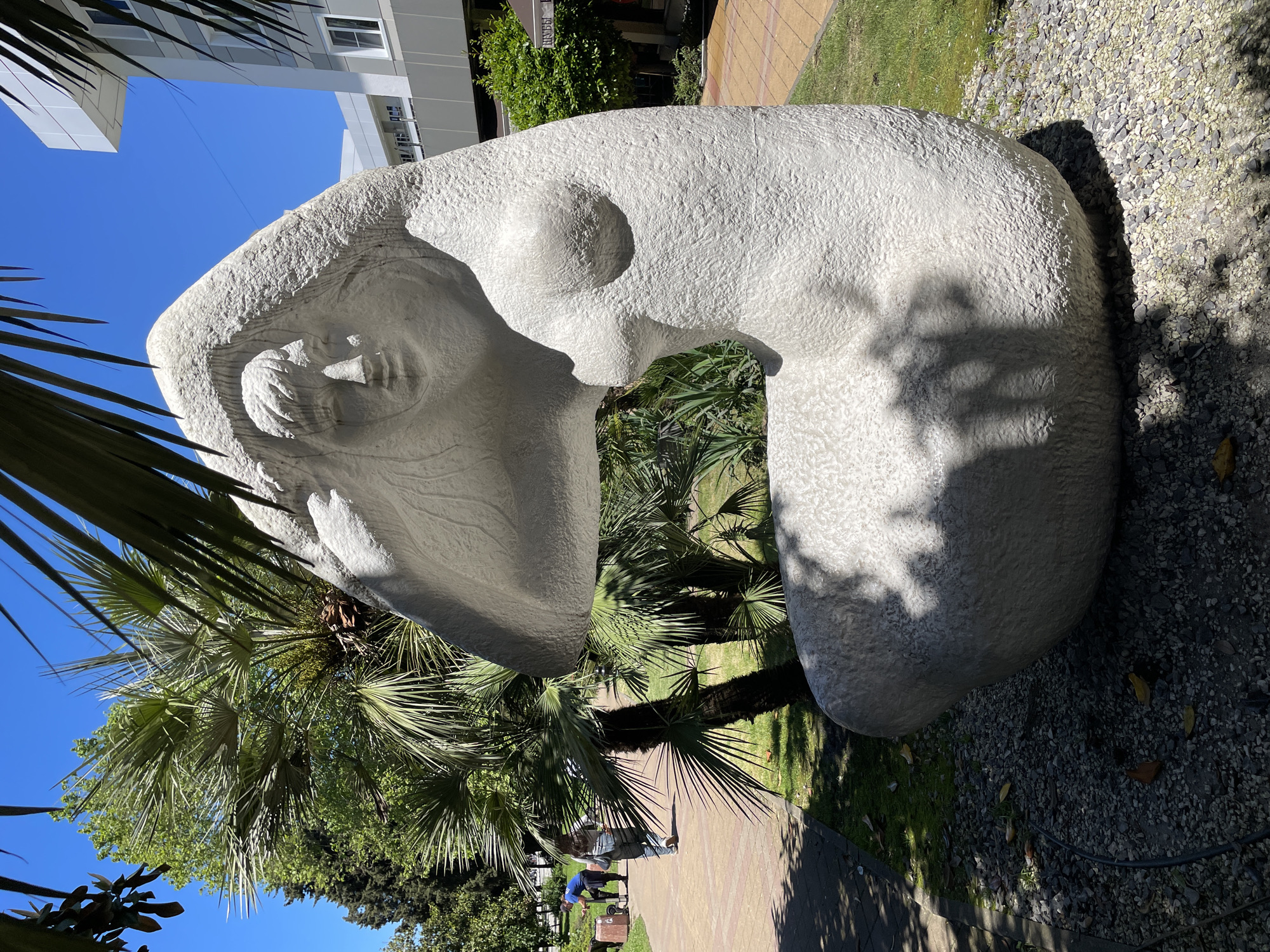 The image presents a sunlit outdoor scene, featuring a large, abstract white sculpture in a park-like setting. The sculpture, likely made of concrete or stone, is characterized by its textured, rounded, and organic forms, and appears to represent a highly stylized head or a series of interconnected, smooth shapes. One prominent section features a deep, circular indentation, while another suggests a profile with an eye-like recess, through which green foliage is visible. Strong sunlight casts sharp shadows from the sculpture and surrounding vegetation onto its surface and the ground.
The setting includes several tall palm trees with spiky fronds, some framing the shot from the left and others visible behind the sculpture, casting intricate shadows. Beyond the sculpture and trees, a paved path with light brown square tiles winds through the scene. On this path, two people are visible in the mid-ground: one person in a blue shirt is bending down, while another stands nearby. Adjacent to the path are areas of neatly mown green grass and beds of grey gravel.
In the background, modern multi-story buildings with light-colored facades and numerous windows rise against a clear, bright blue sky. On one of these buildings, Cyrillic text "НОВЫЙ ДОМ" (Novyy Dom, meaning "New Home") is discernible, indicating the location is likely in Russia, consistent with the provided context of Sochi. The bright sun and distinct shadows suggest it is midday or early afternoon. The overall impression is that of a contemporary urban park or public space, blending art, nature, and modern architecture.