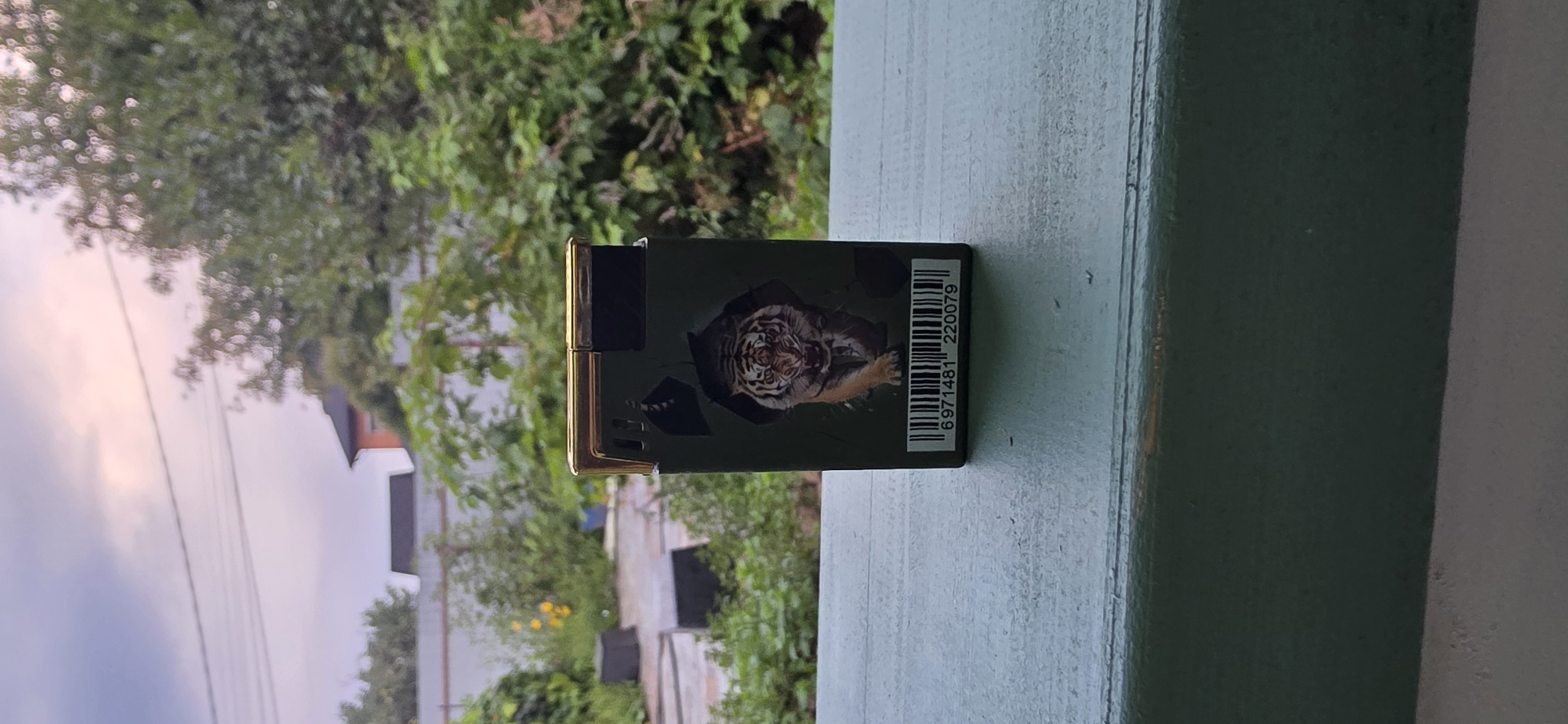 The image shows a close-up of a cigarette pack with a tiger design on it, resting on a green wooden surface. The background is blurred, showing a garden area with greenery, some houses, and a cloudy sky. The cigarette pack is dark green with a gold-colored lid. The tiger design features a close-up of a tiger's face and front paws emerging from a cracked opening in the pack. Below the image of the tiger, there is a barcode with the numbers "6971481 220079". The scene appears to be outdoors, possibly on a porch or railing, with the implied location being within the city of Taraskovo, Russia, though this cannot be definitively confirmed from the visual evidence alone. There are no people or animals present in the immediate vicinity of the cigarette pack.