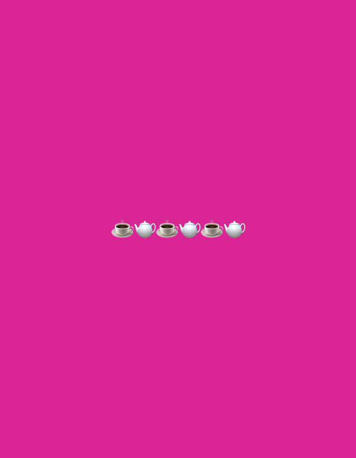 The image displays a row of five porcelain tea sets against a solid pink background. From left to right, the arrangement consists of a teacup and saucer, followed by a teapot, then another teacup and saucer, another teapot, and finally a teacup and saucer. The teacups appear to contain a dark liquid, and wisps of steam are visible rising from them, suggesting they are hot. The teapots are white with curved handles and spouts. The entire composition is centered horizontally in the frame. There is no discernible city location or context provided within the image itself.