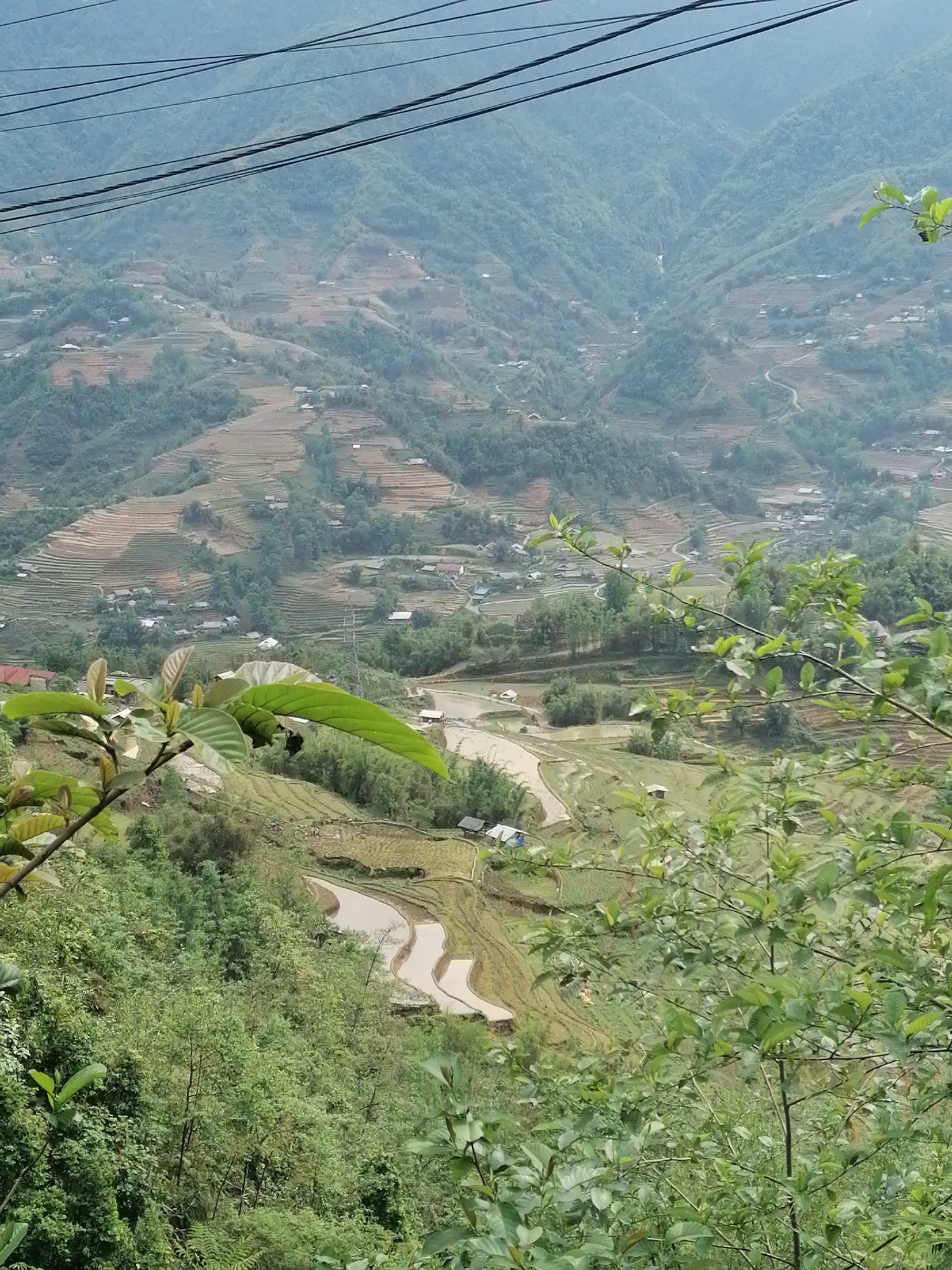 The image shows a mountainous landscape in Sa Pa Ward, Vietnam. Terraced rice paddies are visible on the slopes, with some containing water. Small buildings and houses are scattered throughout the terrain. Green vegetation covers much of the foreground and middle ground. Power lines are seen in the upper portion of the image. The overall scene depicts a rural, agricultural setting in a mountainous region.